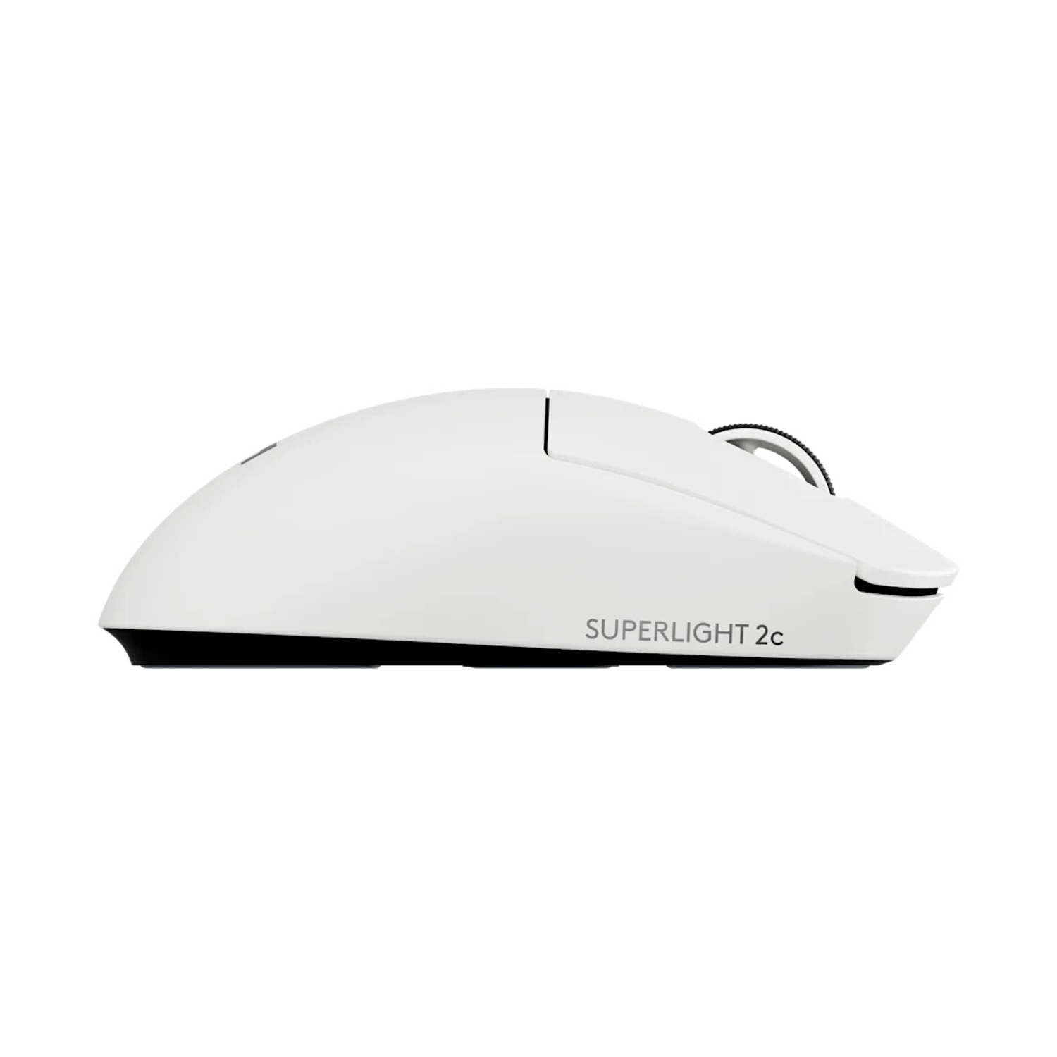 Un mouse per computer wireless bianco con dettagli neri, etichettato 'SUPERLIGHT 2c'.