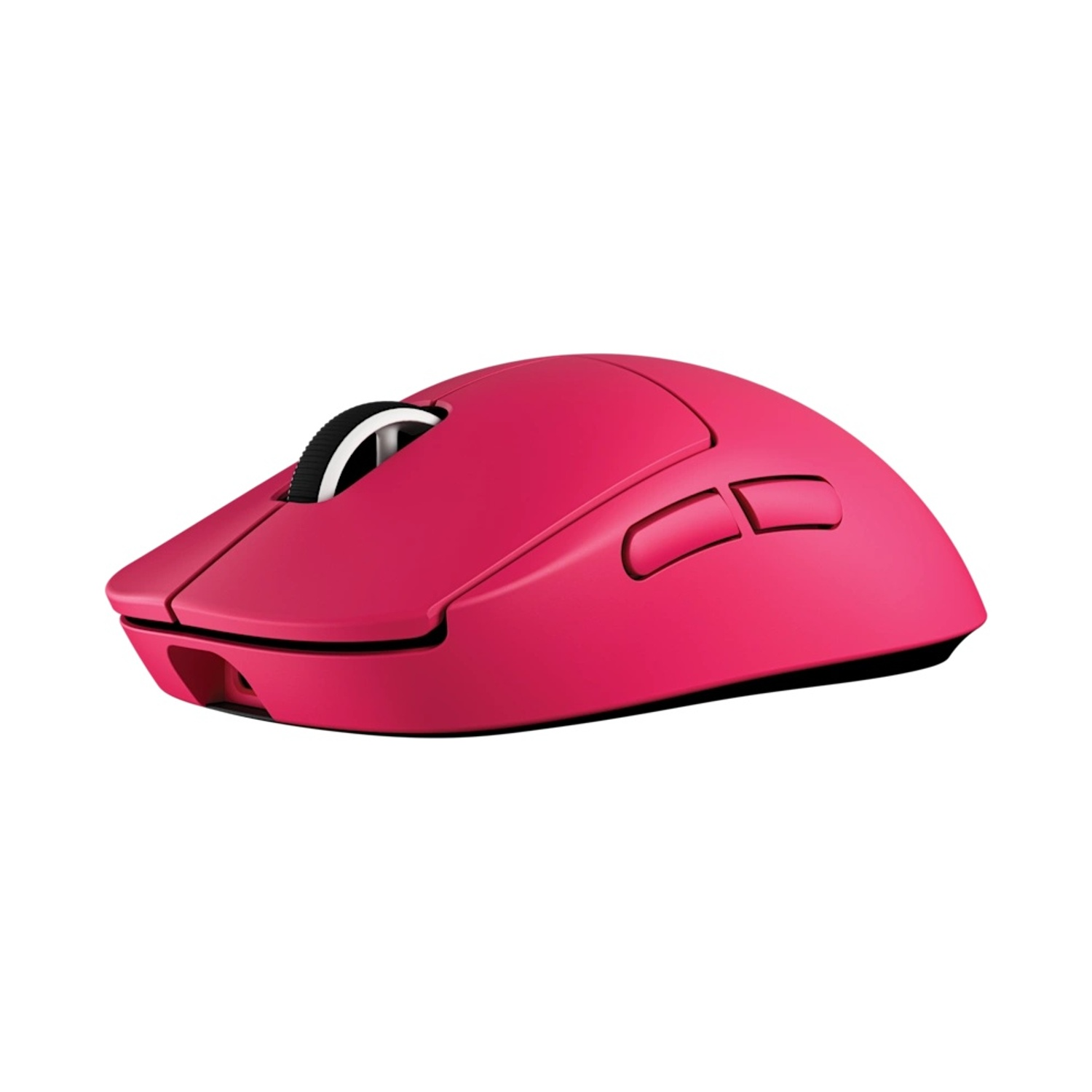 Un mouse per computer wireless rosa. Ha una rotella di scorrimento, due pulsanti laterali e una base nera. Lo sfondo è bianco.