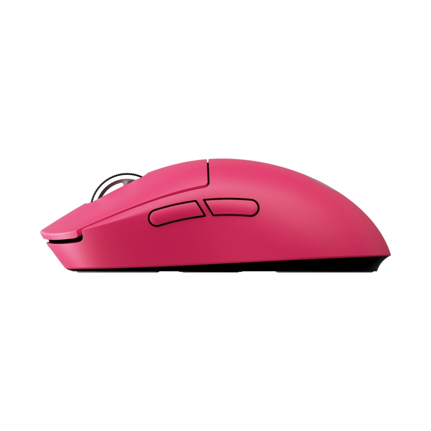 Un mouse per computer rosa su sfondo bianco. Ha una parte superiore curva, pulsanti laterali e una rotella di scorrimento. È un mouse da gioco.
