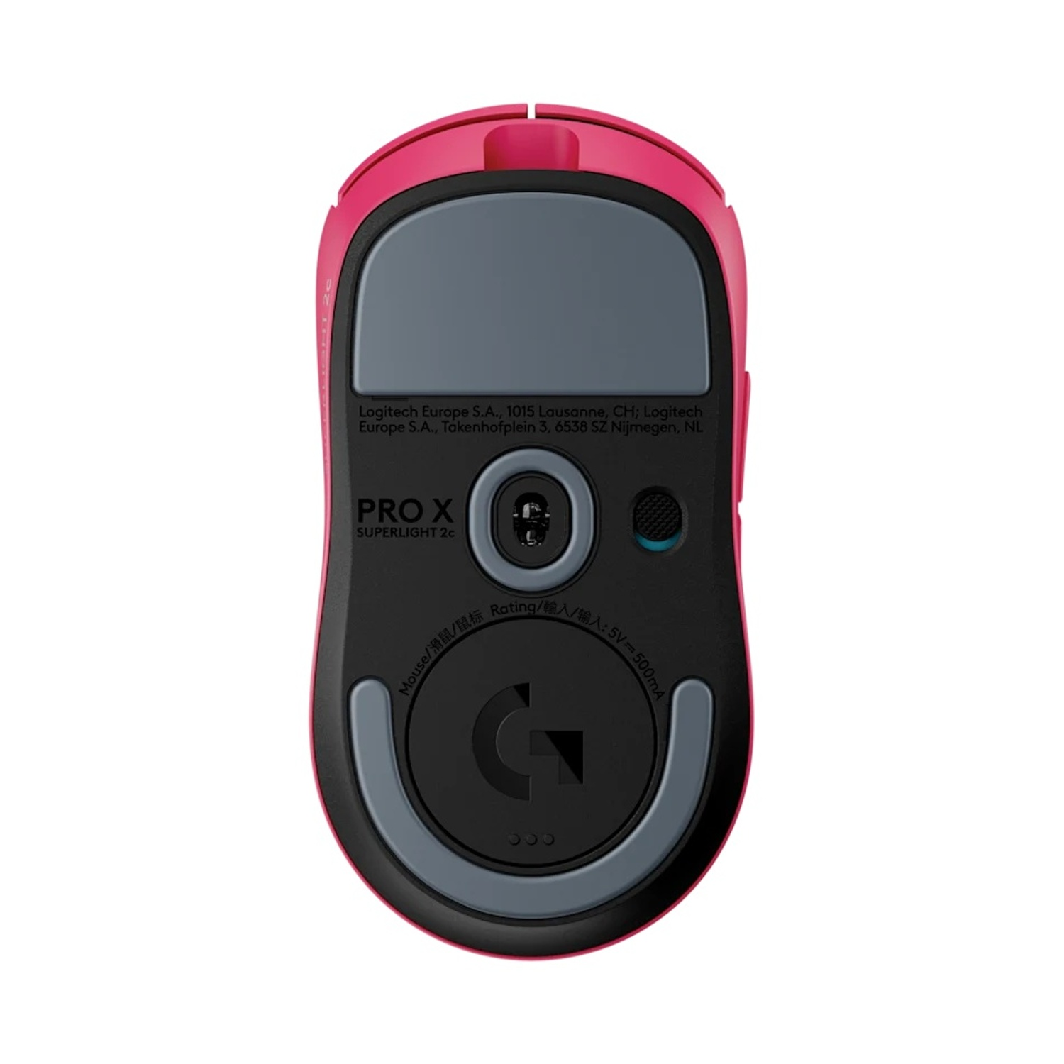 Vista inferiore di un mouse Logitech Pro X Superlight 2c rosa e nero. Ha una base grigia e un'area nera con il logo.