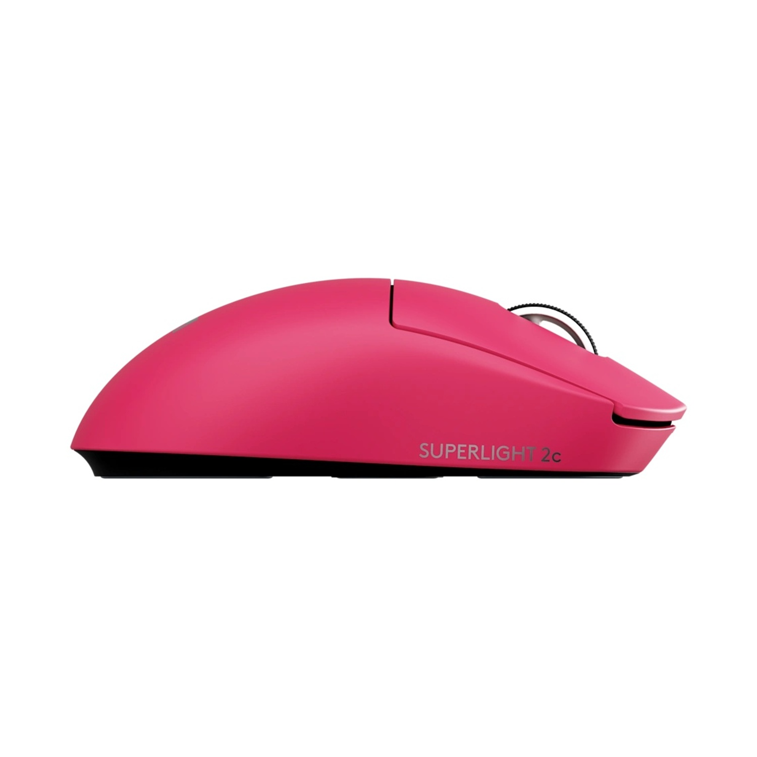Un mouse per computer wireless rosa, etichettato SUPERLIGHT 2c, su sfondo bianco.