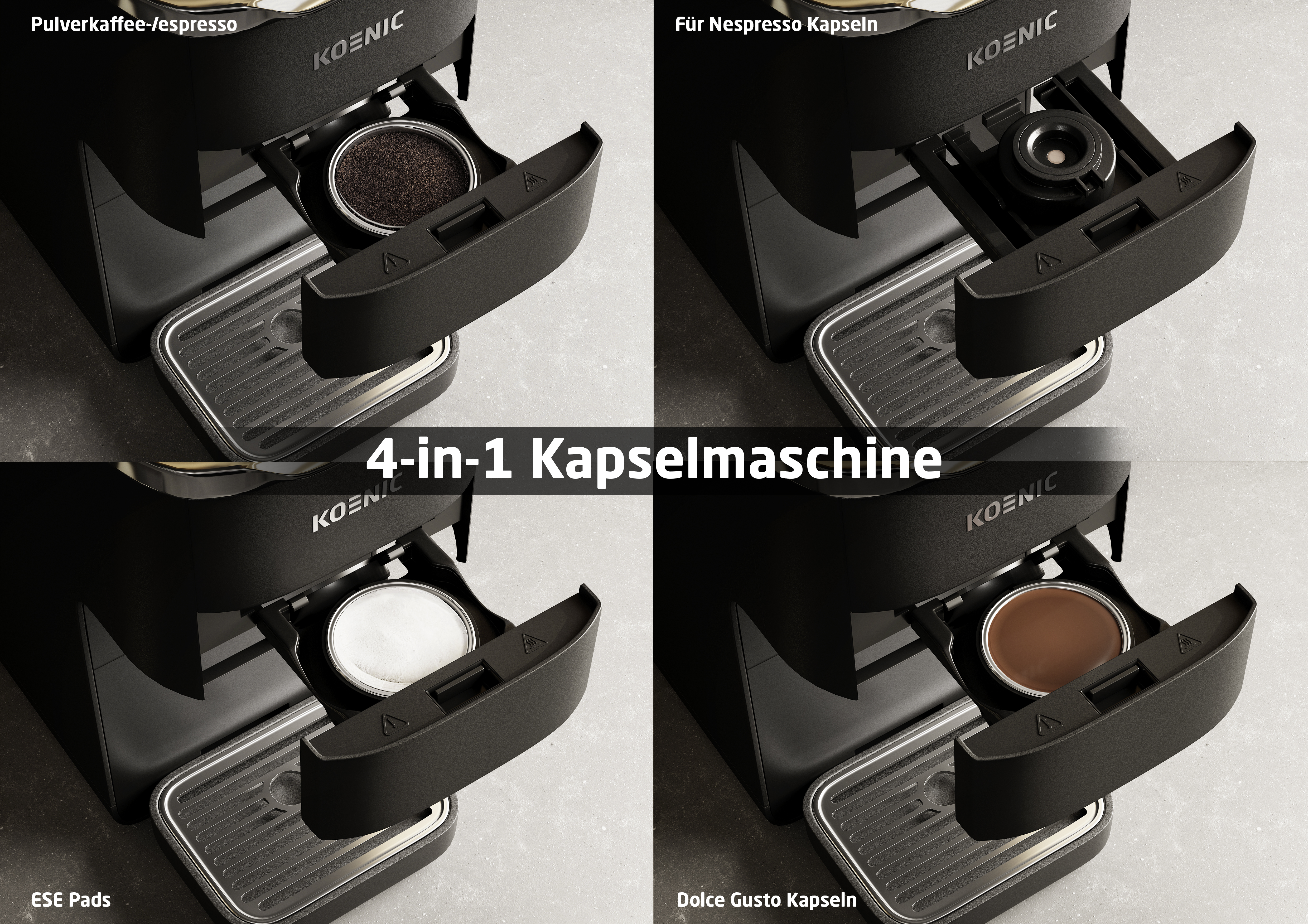 Eine schwarze 4-in-1-Kaffeemaschine mit vier verschiedenen Kaffeepads: Kaffeepulver, Nespresso, ESE-Pads und Dolce Gusto.