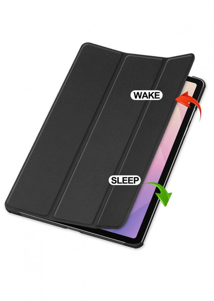 Fekete tablettok, 'WAKE' és 'SLEEP' feliratokkal. Piros nyíl a nyitást, zöld a zárást jelzi. A tablet részben látható.