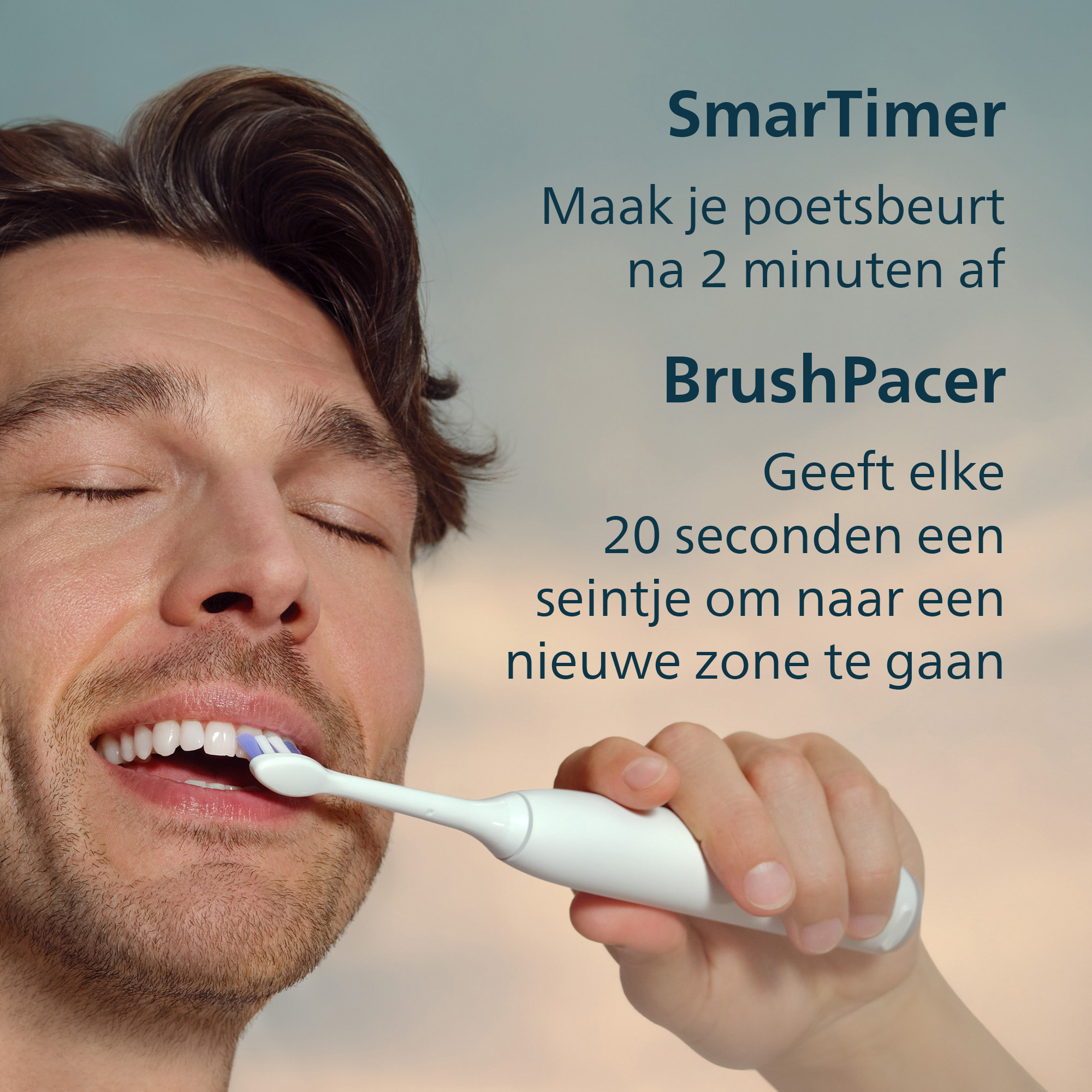 A man brushes his teeth with closed eyes, holding a white toothbrush. Text on the side: SmarTimer and BrushPacer.
