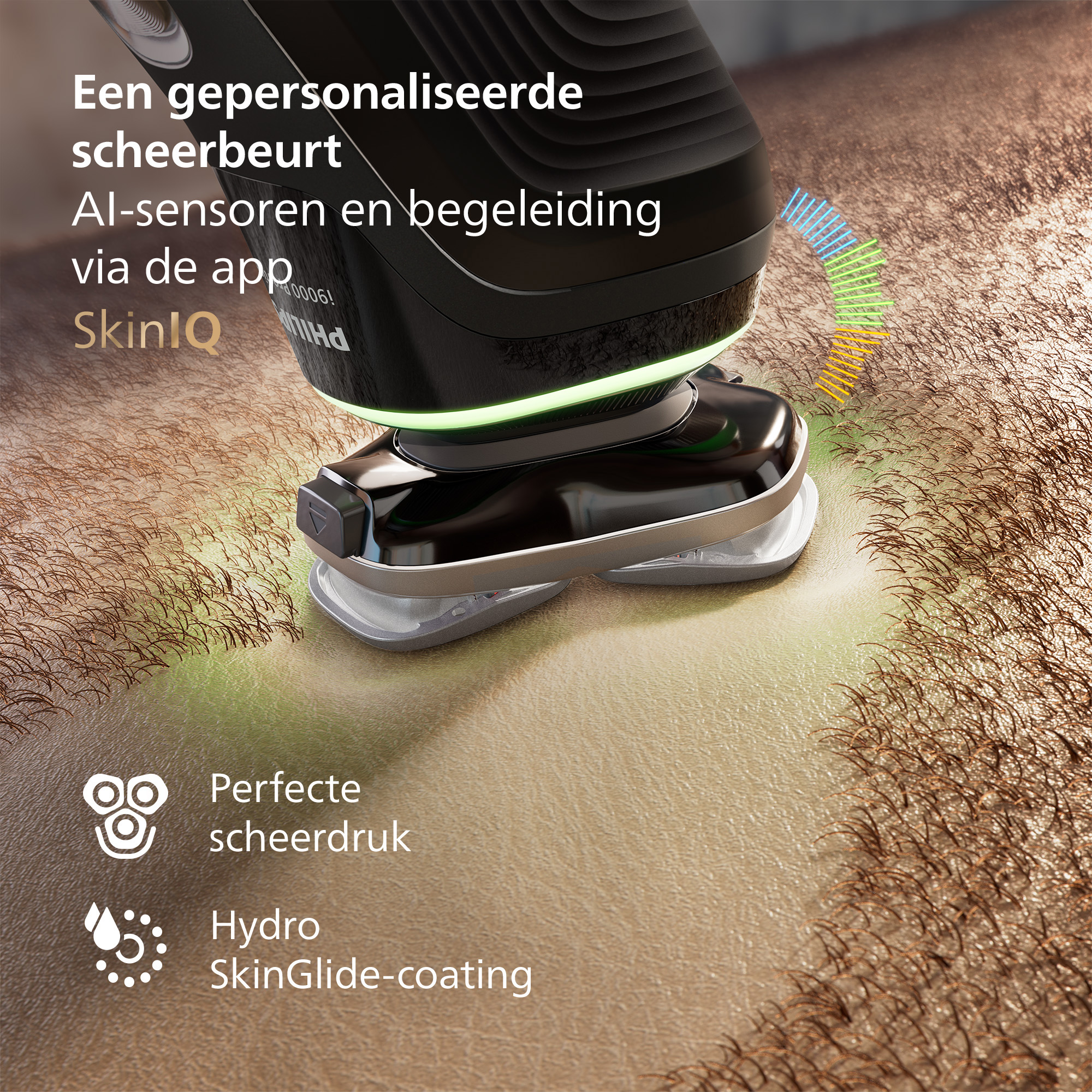 Electric shaver on skin, showing shaving process. The shaver is black and silver.