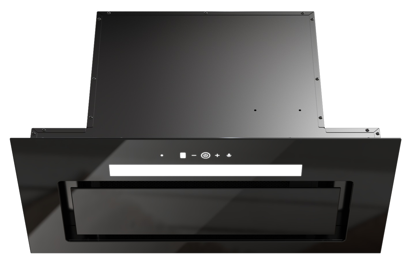 Czarny okap kuchenny ze szklanym frontem i panelem sterowania. Ma prostokątne światło i różne symbole sterowania.