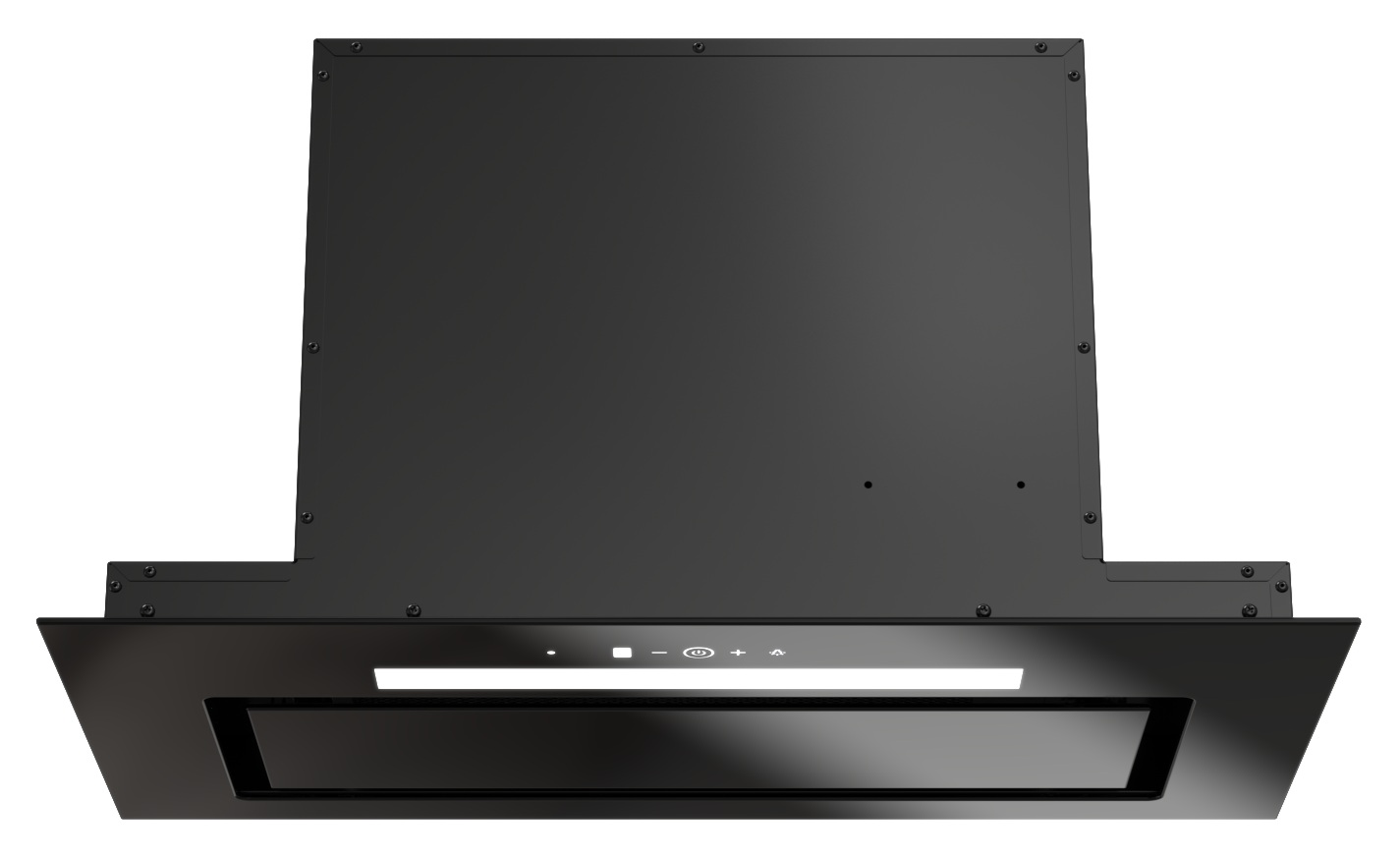 Czarny okap o prostokątnym kształcie, z panelem sterowania, podświetlanymi przyciskami i jasnym światłem.