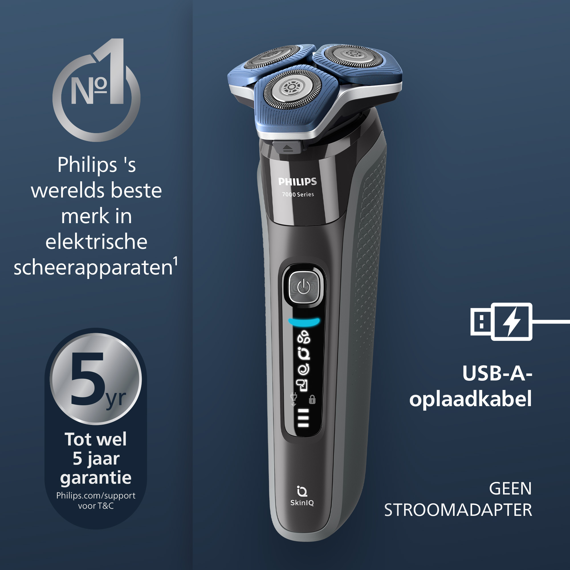 Electric shaver, Philips brand, with a blue shaving head, on a dark blue background. Features USB-A charging.