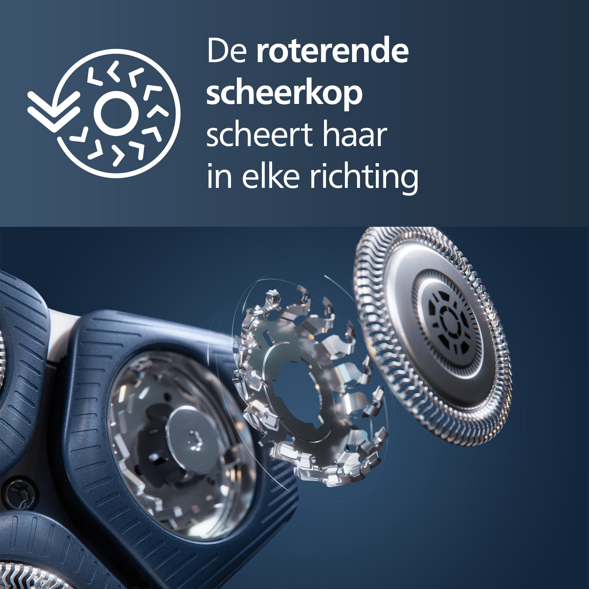 Close-up of a shaver head with rotating blades. Text says, 'The rotating shaving head shaves hair in every direction'.