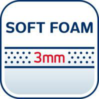 Weißes Quadrat mit blauem Rand. Text lautet 'SOFT FOAM' über '3mm'. Der Hintergrund ist weiß.