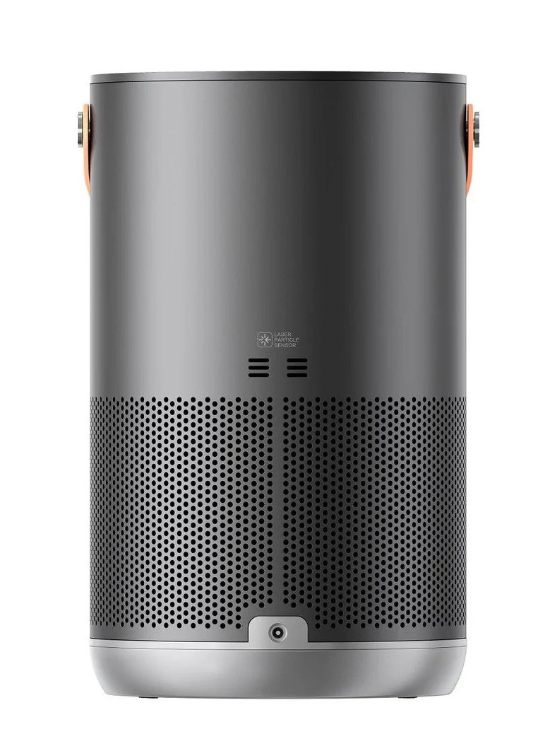 Cylindryczny oczyszczacz powietrza z perforowaną dolną częścią, szarym korpusem i uchwytami. Posiada czujnik cząstek laserowych.