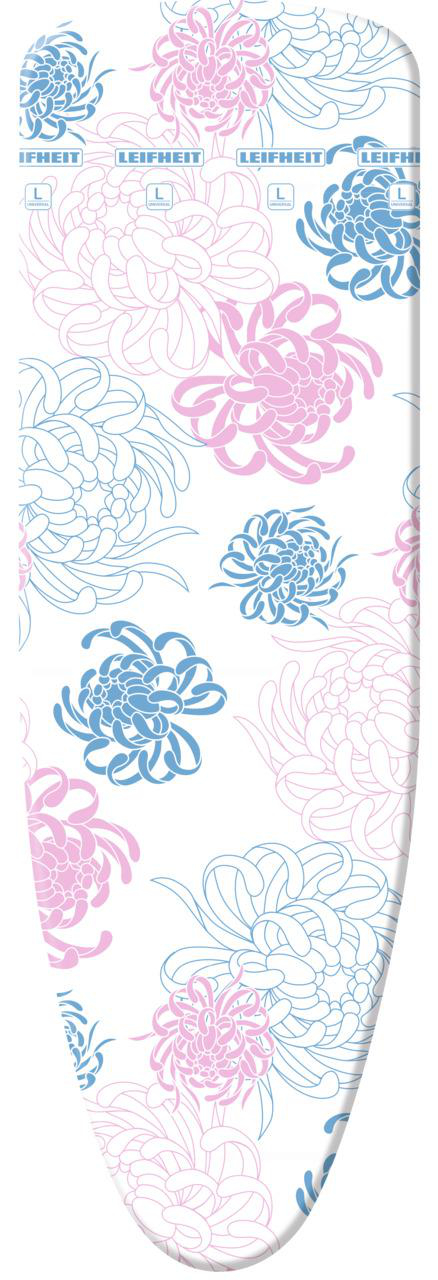 Bügelbrettbezug mit weißem Hintergrund. Es zeigt rosa und blaue Blumenmuster und den Markennamen LEIFHEIT.