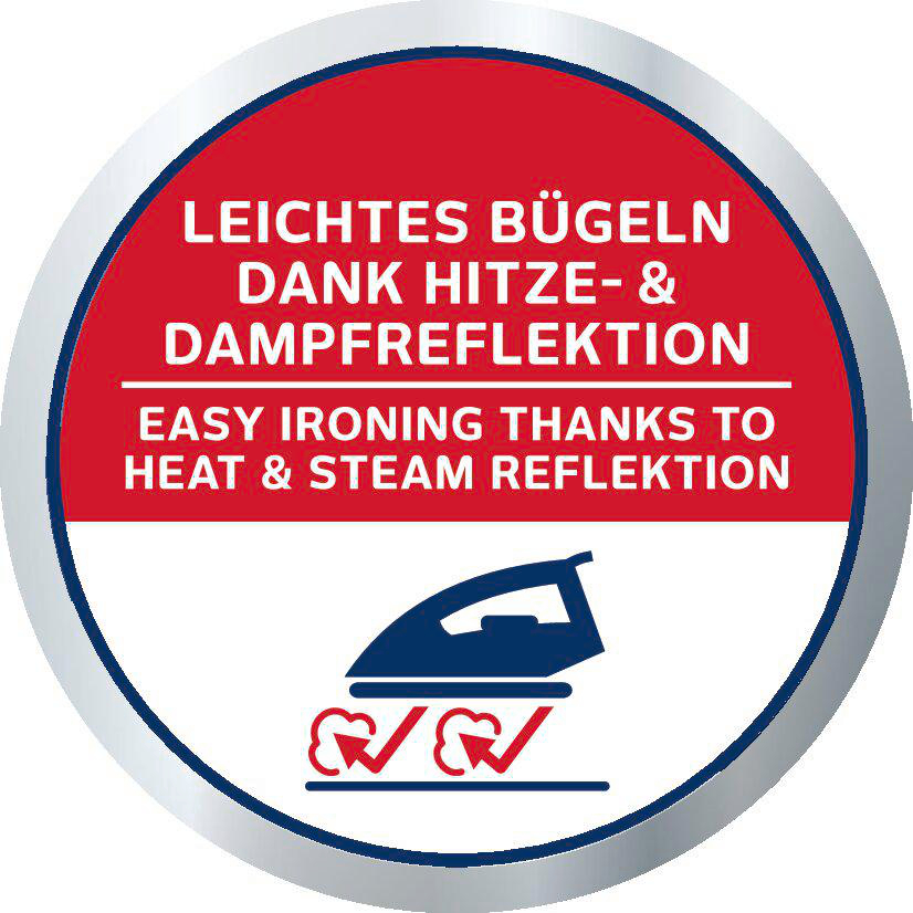 Rundes Abzeichen mit roten und weißen Abschnitten. Text lautet 'Leichtes Bügeln dank Hitze- & Dampfreflektion'. Ein Bügeleisensymbol.