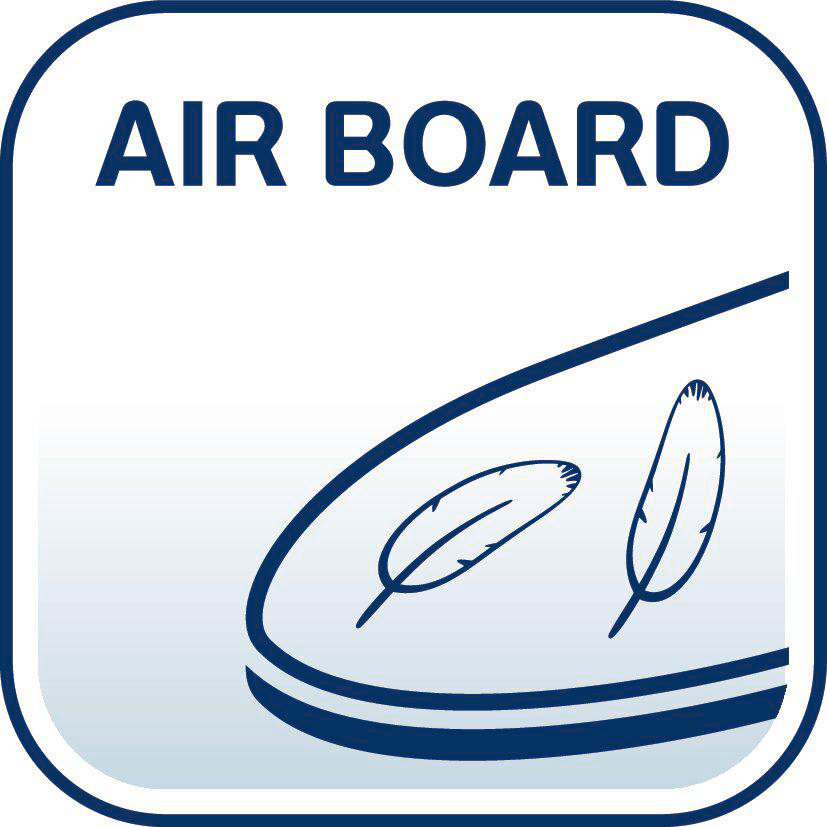 Das Bild zeigt eine blau umrandete Box mit dem Text "AIR BOARD" und zwei Federillustrationen auf weißem Hintergrund.