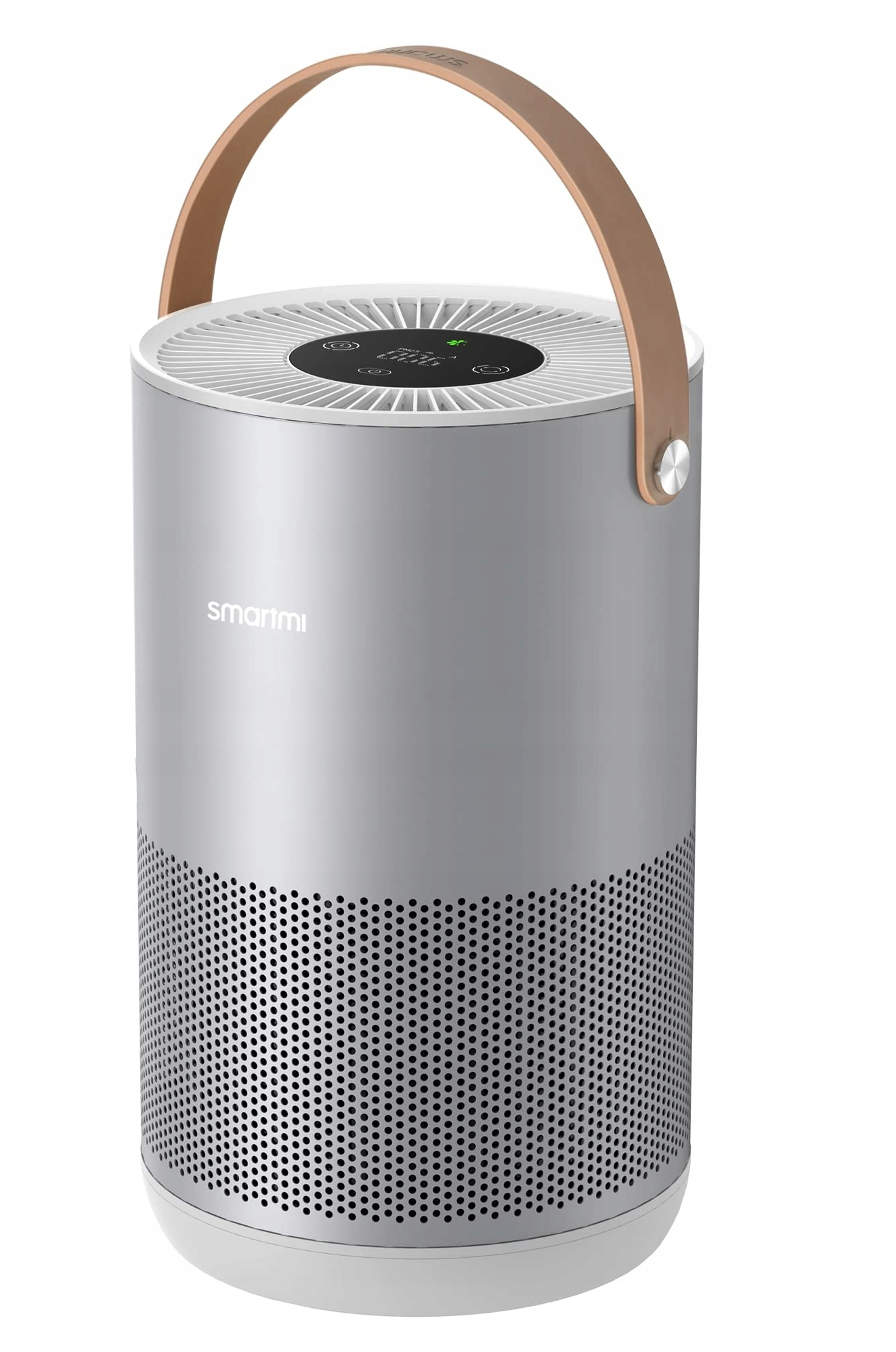 Srebrny oczyszczacz powietrza z brązową skórzaną rączką. Góra ma elementy sterujące, bok logo 'smartmi'. Perforowane dno.