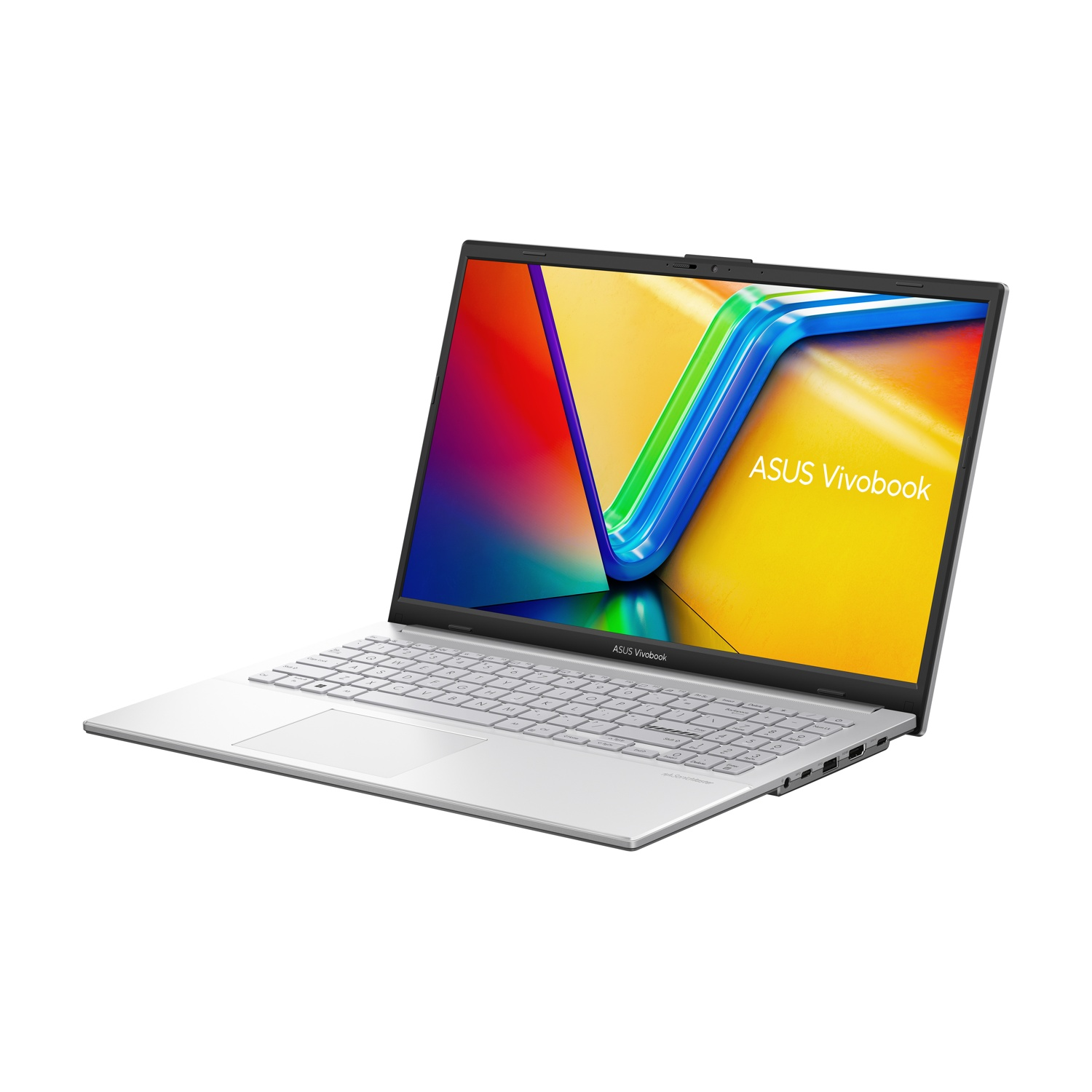 Laptop ASUS Vivobook argentato su sfondo bianco, schermo con immagine colorata. Tastiera, touchpad e logo visibili.