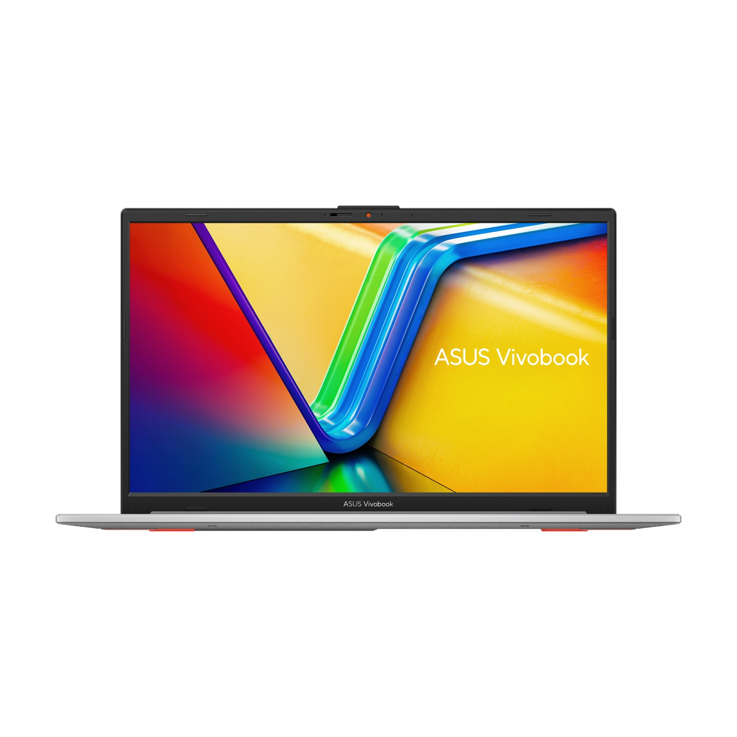 Laptop ASUS Vivobook. Lo schermo mostra un design astratto colorato. Il laptop è aperto su una superficie bianca.
