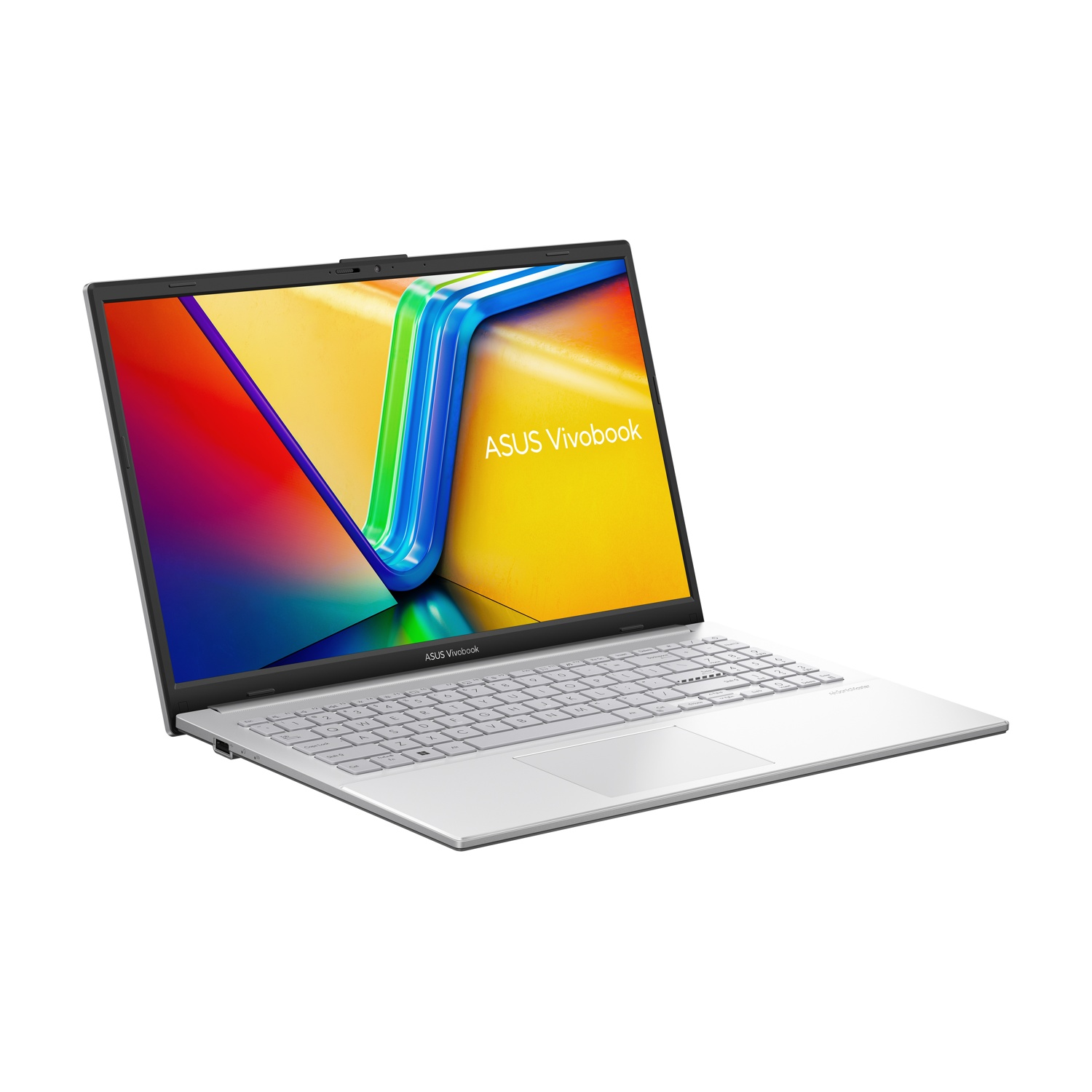 Laptop ASUS Vivobook argentato su sfondo bianco. Lo schermo mostra un'immagine astratta colorata. Tastiera e touchpad visibili.
