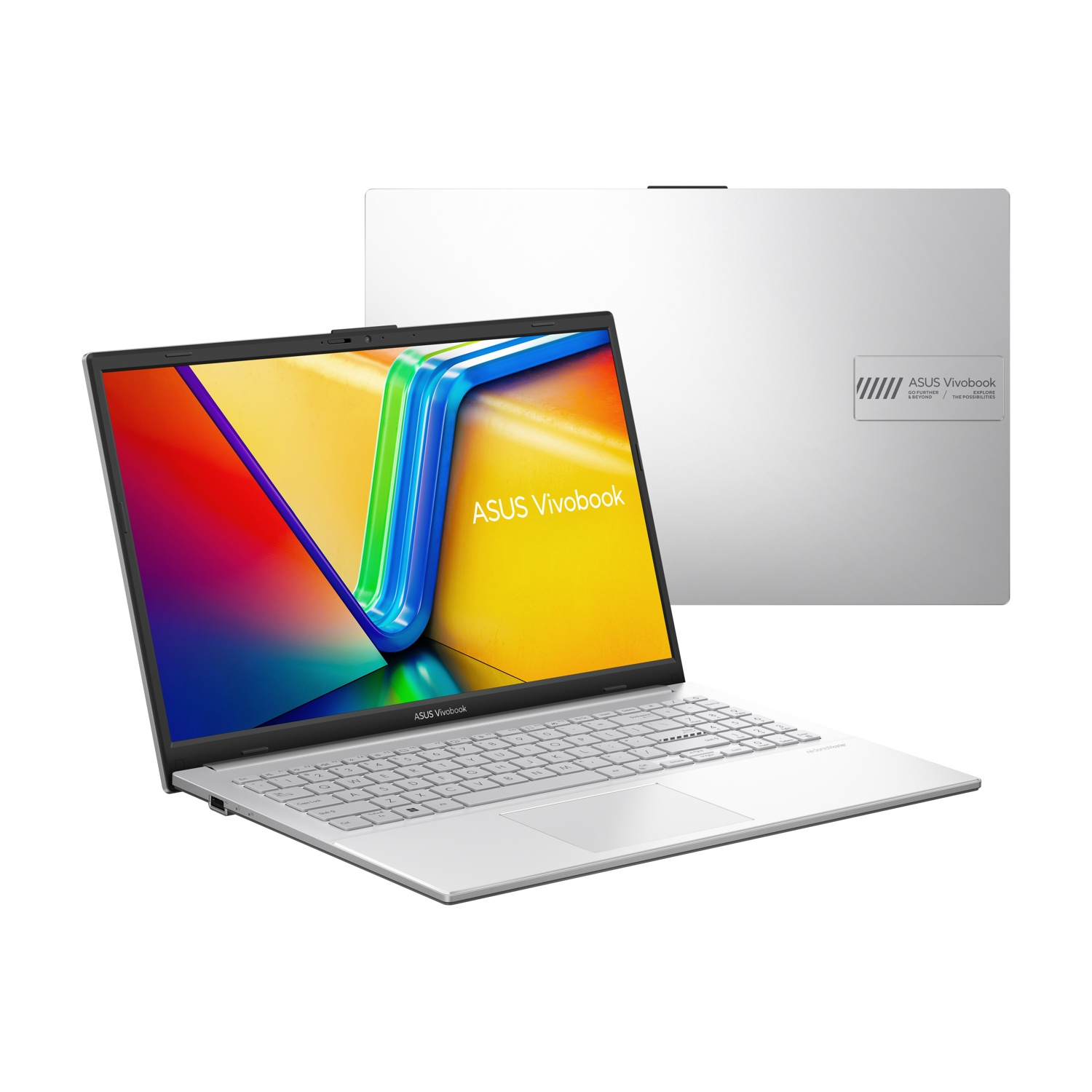 Laptop ASUS Vivobook argentato su bianco. Lo schermo mostra grafica colorata. Retro di un altro laptop sullo sfondo. Sfondo luminoso.