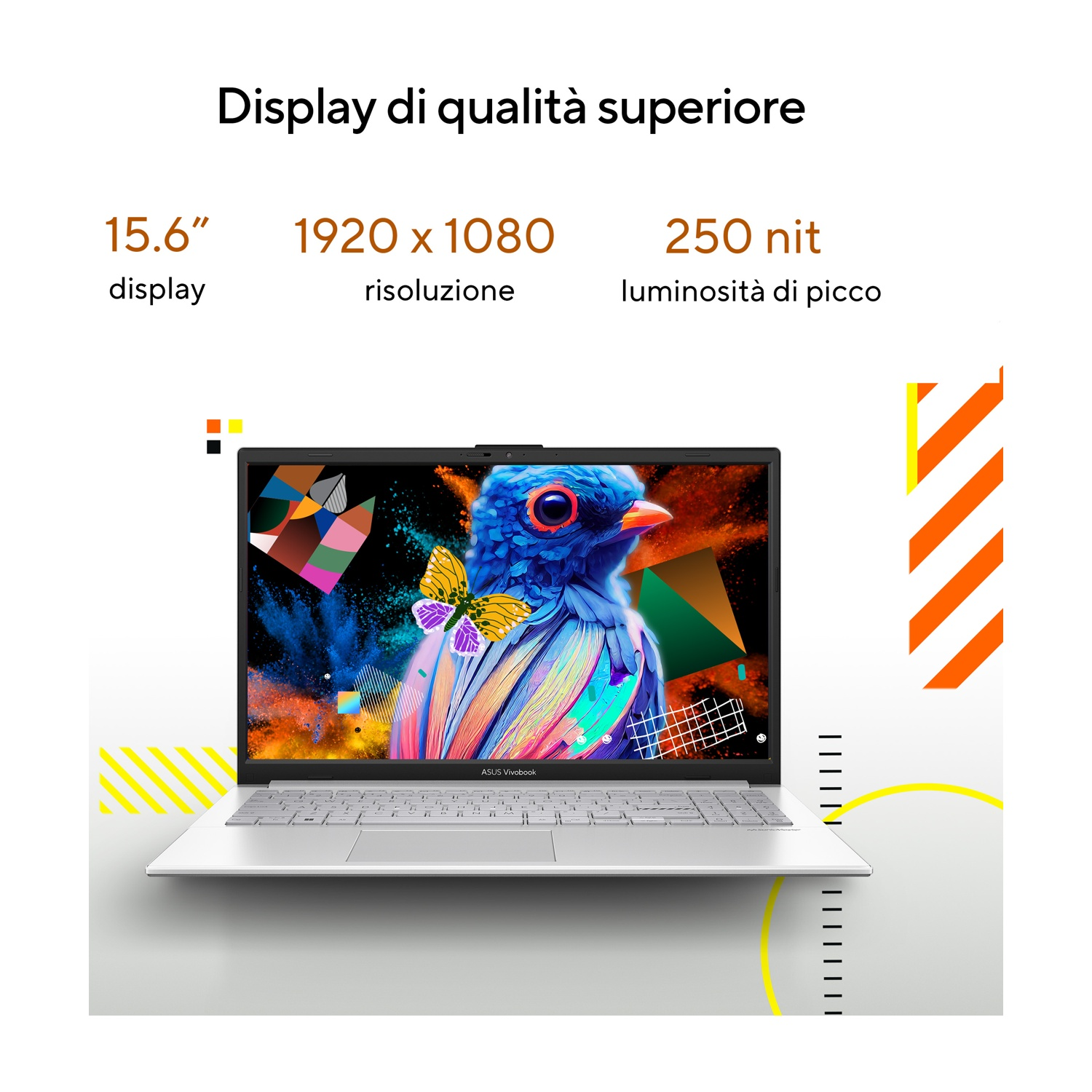 Un laptop argentato mostra un'immagine colorata di un uccello e una farfalla. Il testo in alto indica: display da 15,6", risoluzione 1920x1080, 250 nit.