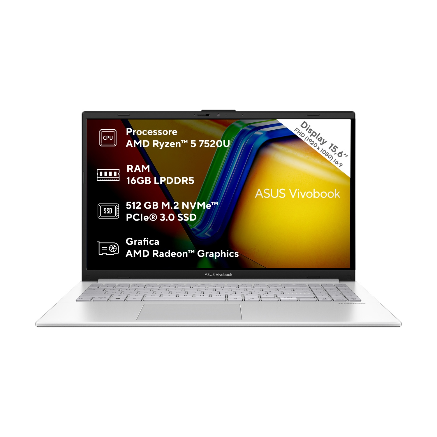Un laptop ASUS Vivobook con display da 15,6", AMD Ryzen 5, 16GB RAM e 512GB SSD, su sfondo bianco.