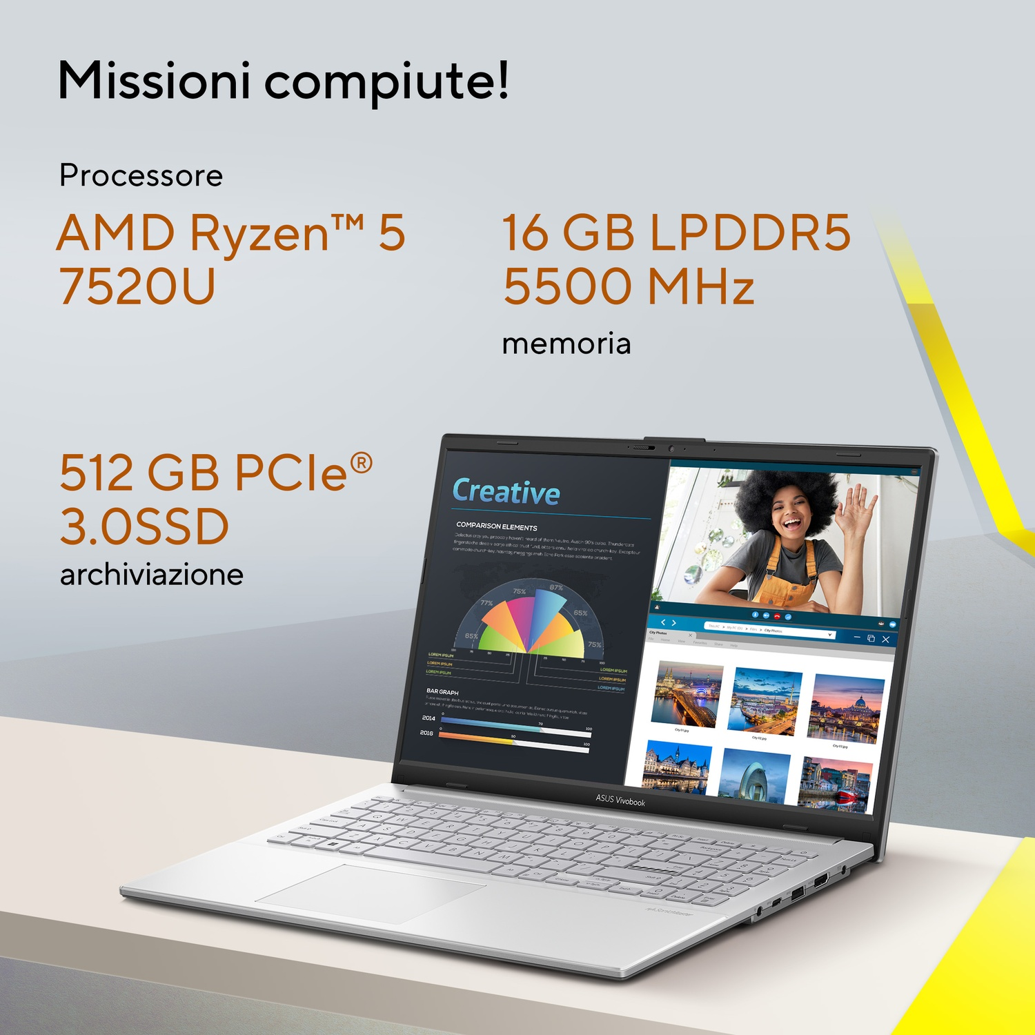 Un laptop argentato mostra grafici e una donna che saluta. Il testo include informazioni su processore, memoria e archiviazione.