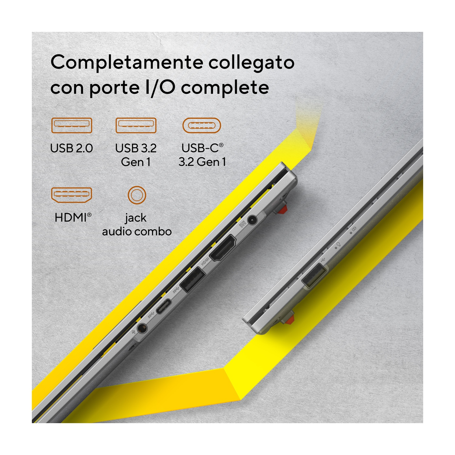 L'immagine mostra le porte del laptop: USB 2.0, USB 3.2 Gen 1, USB-C 3.2 Gen 1, HDMI e combo audio, su sfondo grigio con accenti gialli.