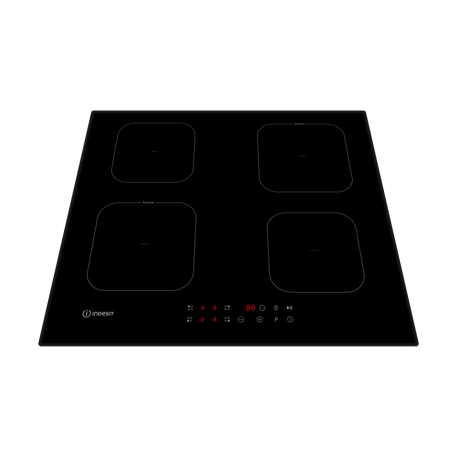 Un piano cottura a induzione Indesit nero con quattro zone cottura, display digitale e comandi touch su sfondo bianco.