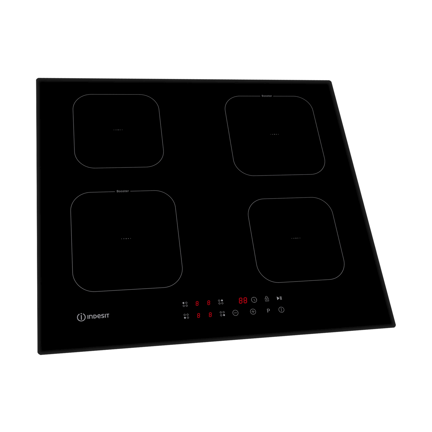 Un piano cottura a induzione Indesit nero con quattro zone cottura, ognuna delineata. I display digitali mostrano le impostazioni. Il piano è su bianco.