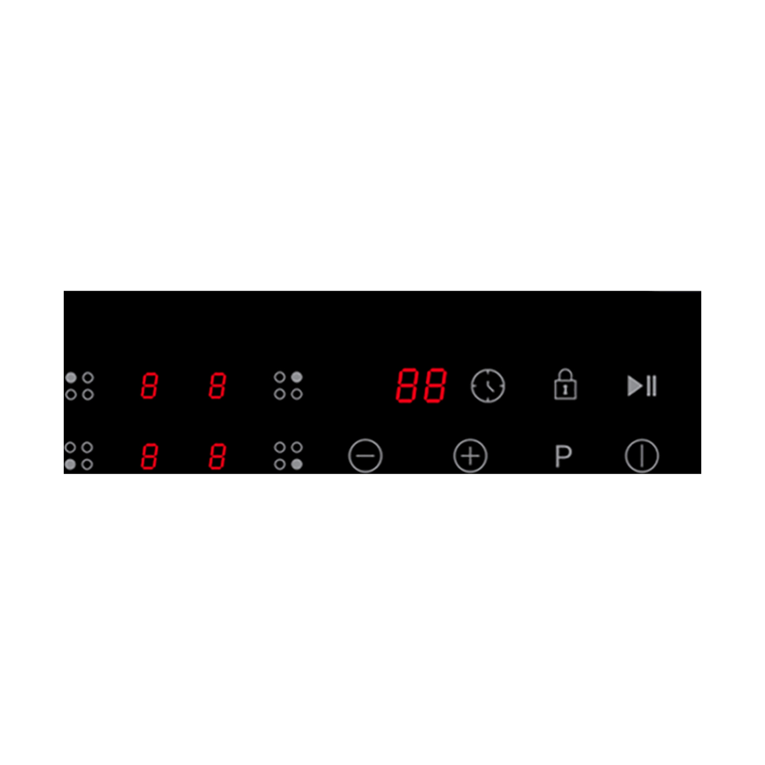 Pannello di controllo nero con display digitali rossi che mostrano '88' e '8 8', più simboli per alimentazione, blocco e timer.