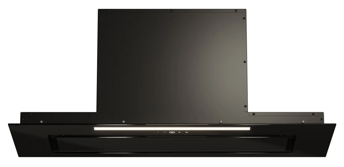 Czarny okap kuchenny o prostokątnym kształcie. Posiada pasek świetlny i przyciski sterowania. Tło jest białe.