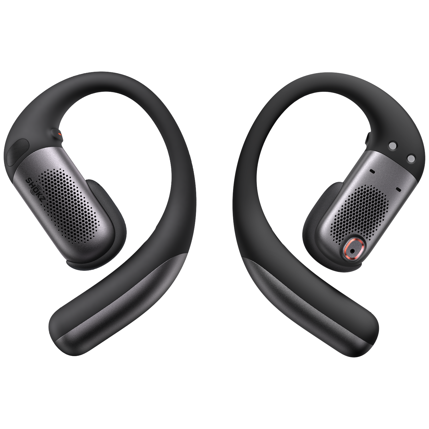 Two black and gray Shokz headphones, featuring a curved design that goes around the ear and a speaker component.