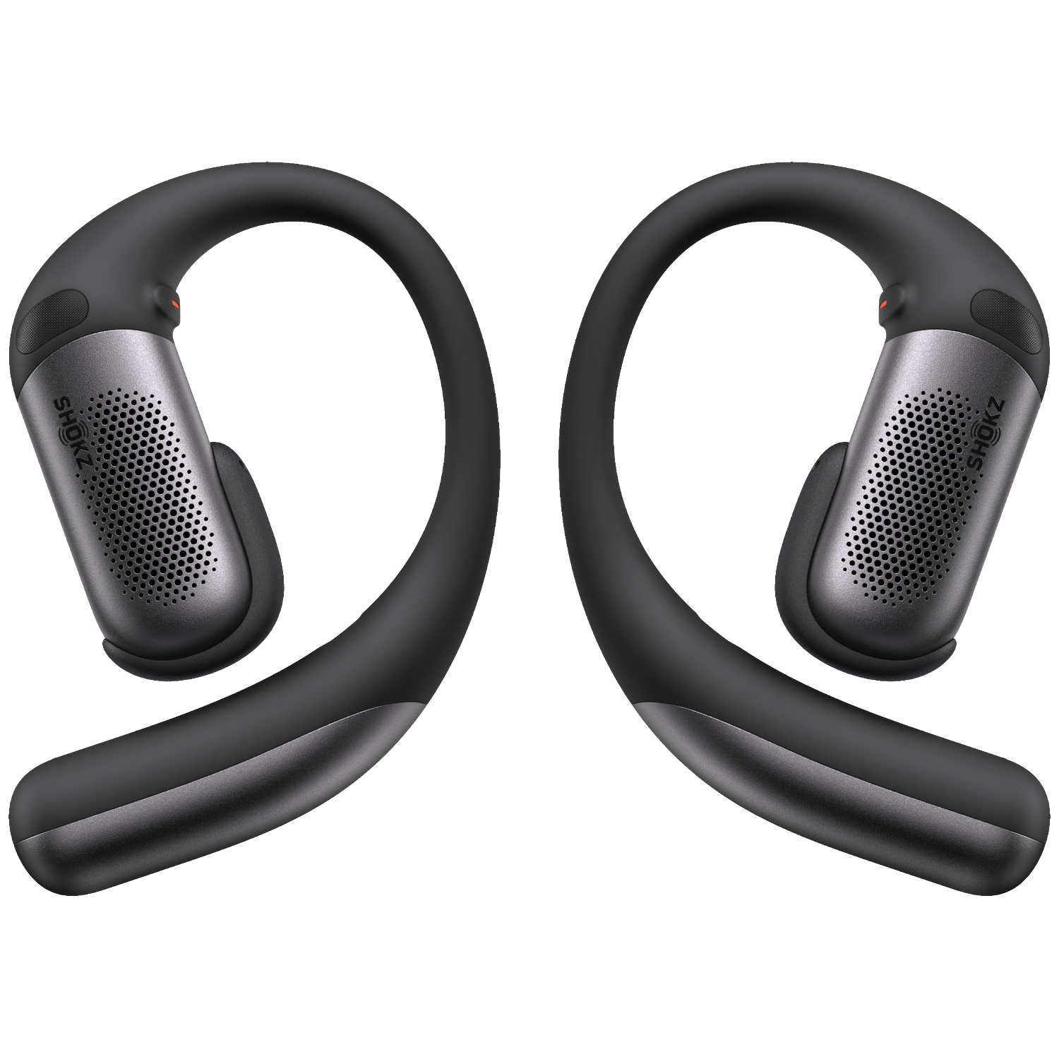 Two black and gray Shokz headphones. Each has a curved over-the-ear design with a speaker and the Shokz logo.