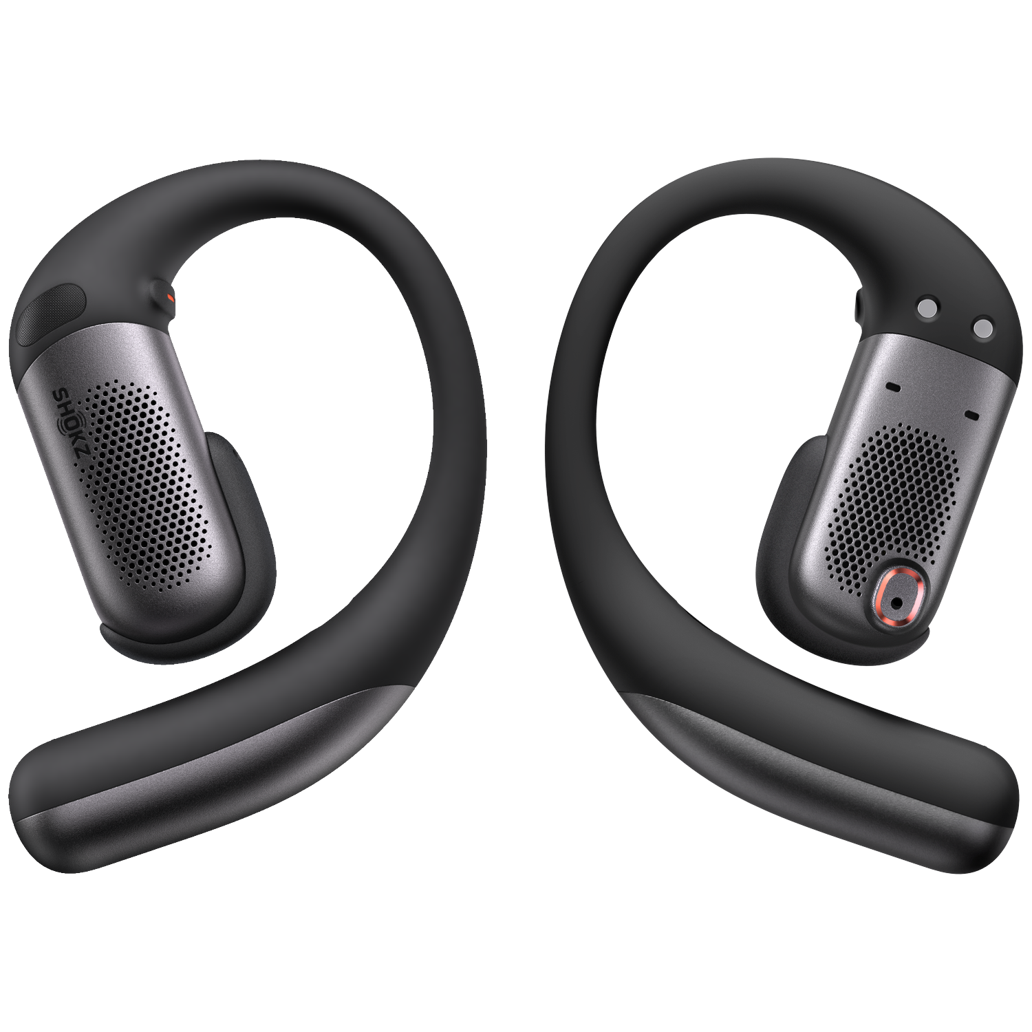 Two black and gray Shokz headphones. Each has a curved over-ear design with a speaker and control module.