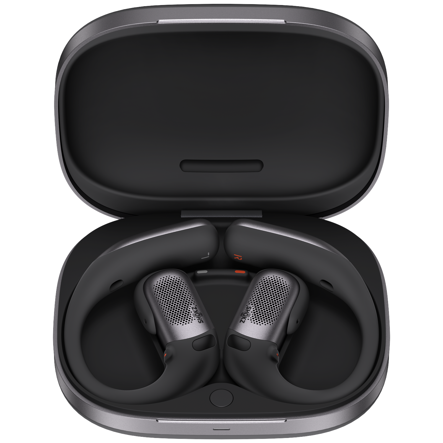 Open black case with two black and gray wireless earbuds inside. The case is oval-shaped with a silver trim.