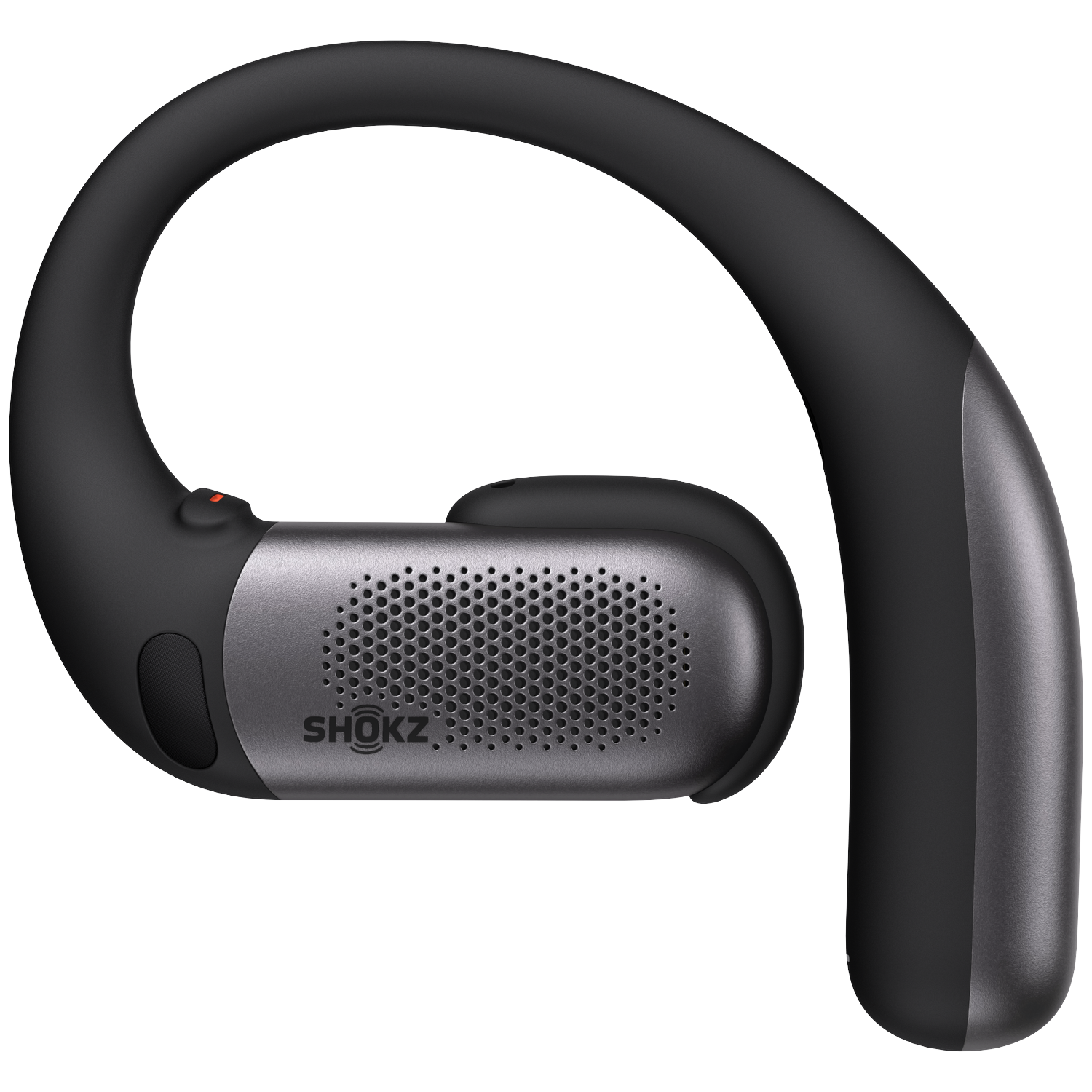 Black and gray Shokz bone conduction headphones. The design includes an ear hook and a speaker with the brand name.