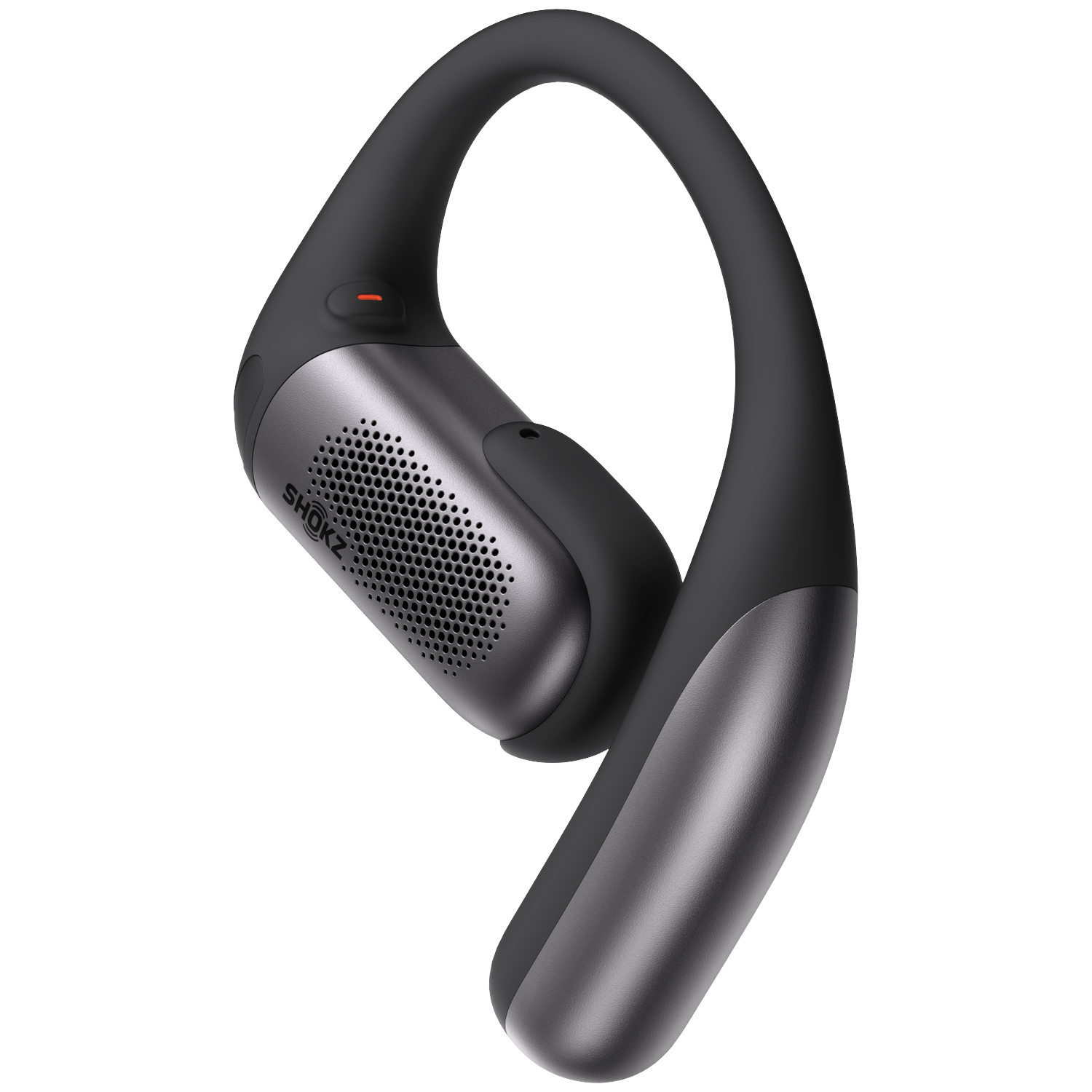 A gray and black Shokz bone conduction headphone. It has a curved design that wraps around the ear and head, isolated on white.