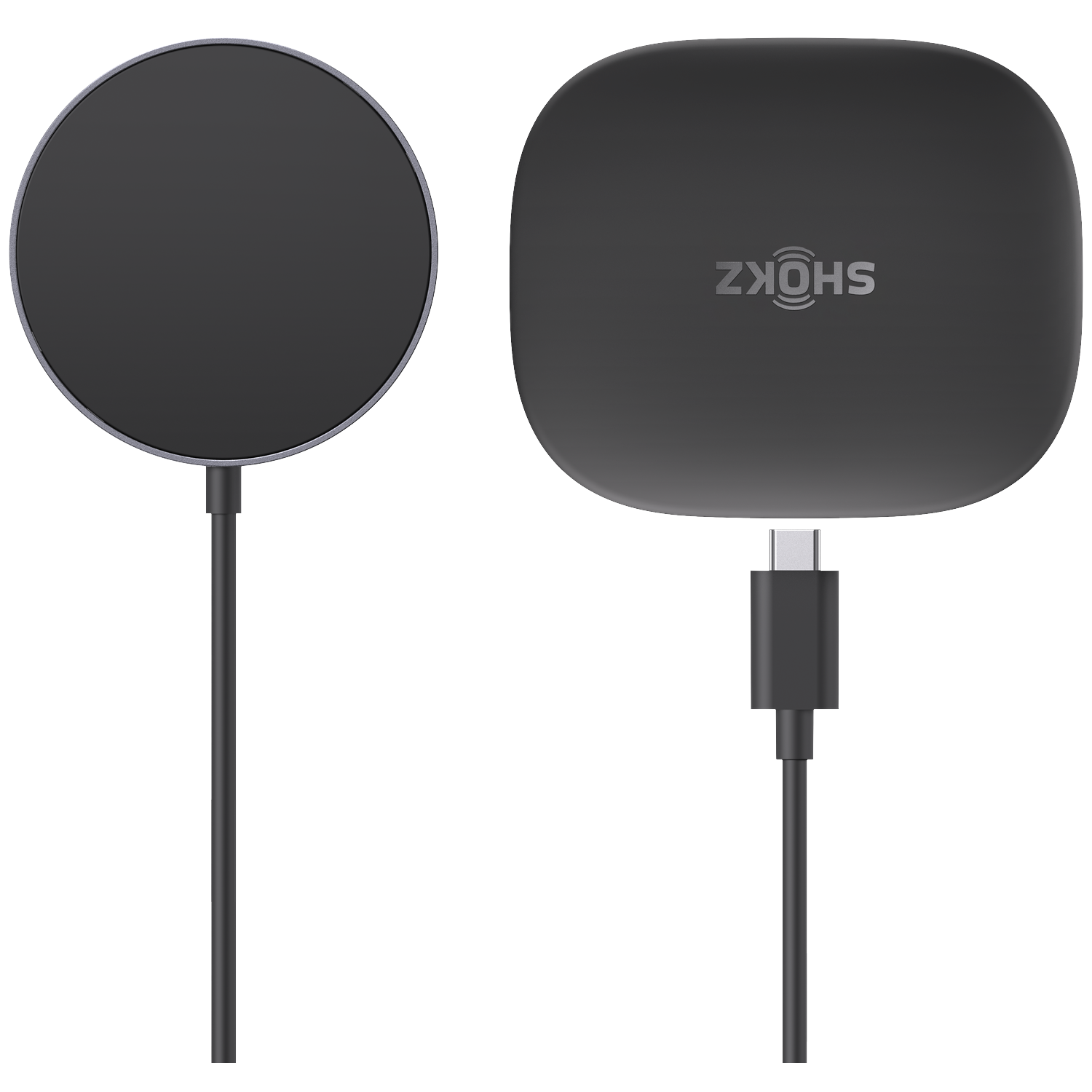 Two black wireless chargers on a white background. One is round, the other square with 'SHOKZ' on it. Both have black cables.