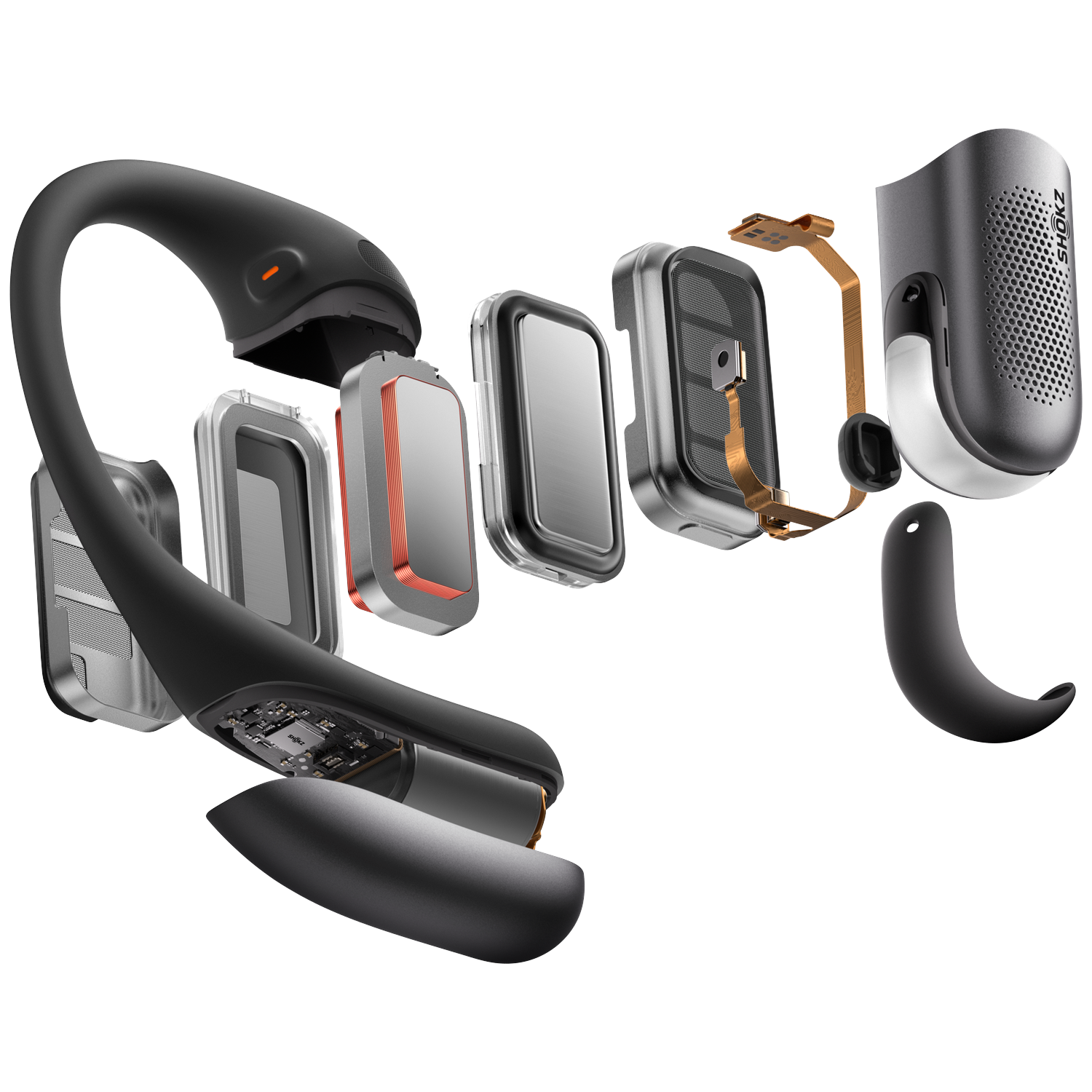 Exploded view of black and gray Shokz headphones, showing internal components. Wires, speaker, battery, and other parts are visible.