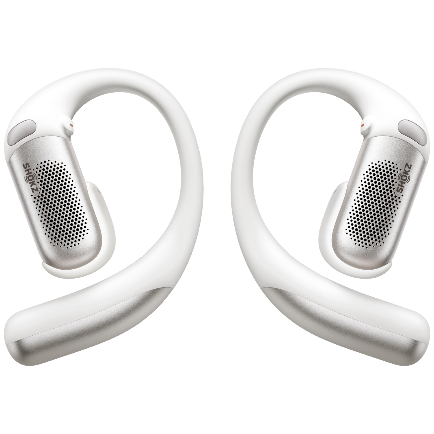 Two white and silver Shokz bone conduction headphones on a white background. Each has a curved design.