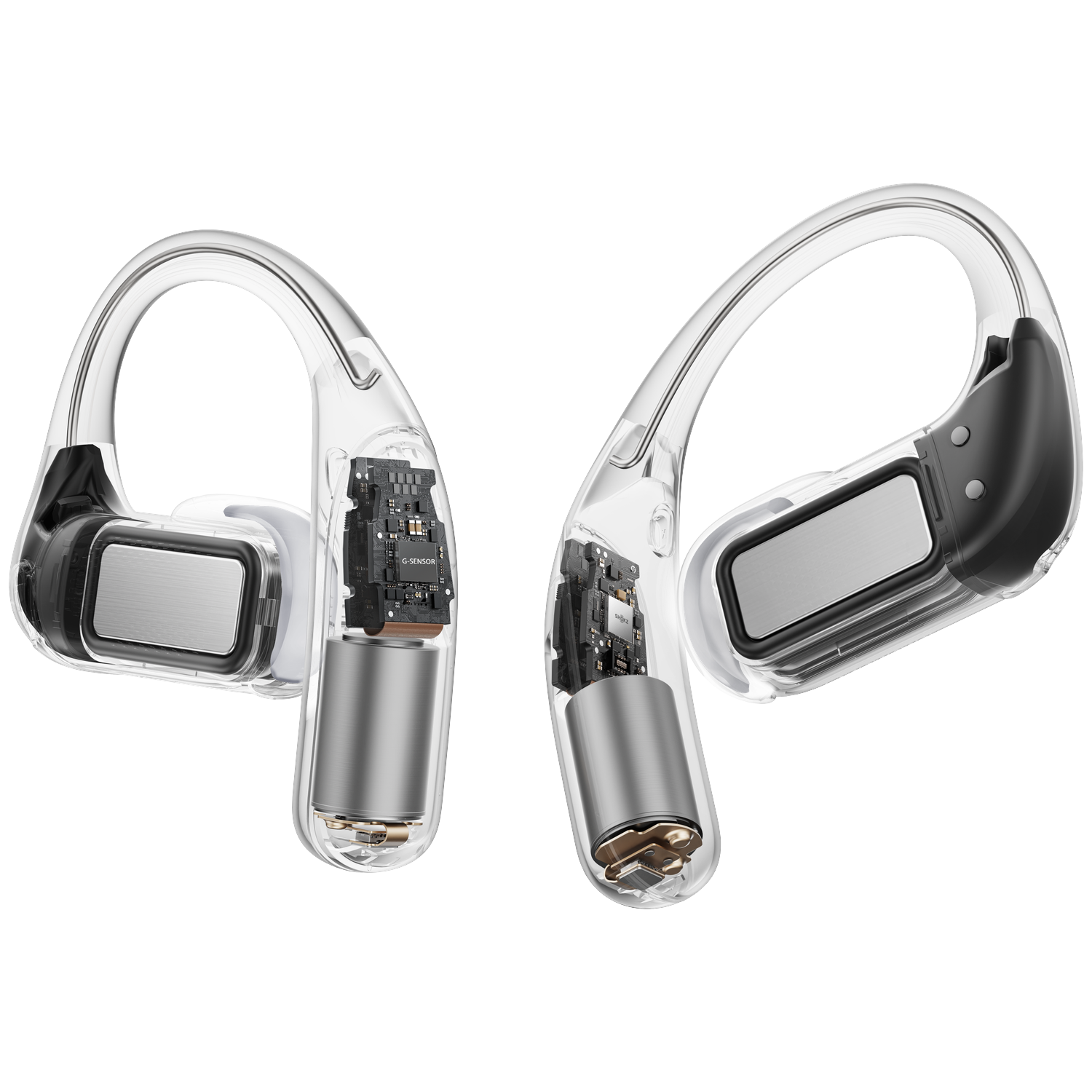 Two transparent open-ear headphones. Reveals internal components like circuit boards and cylindrical batteries. Black accents.