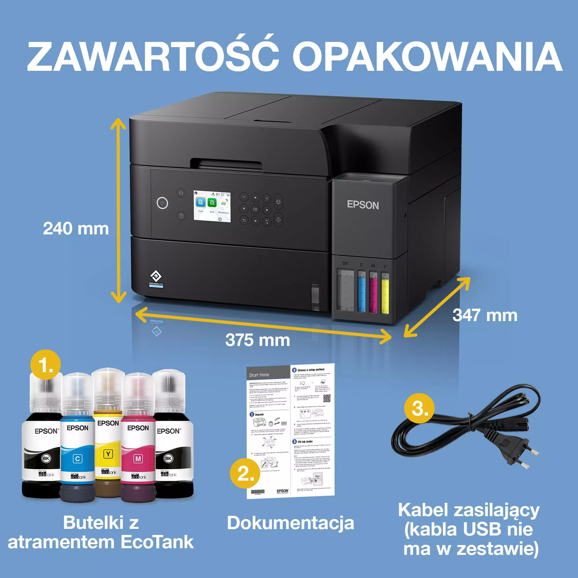 Obraz przedstawia drukarkę Epson, butelki z tuszem, dokumentację i kabel zasilający. Wyświetlane są również wymiary.