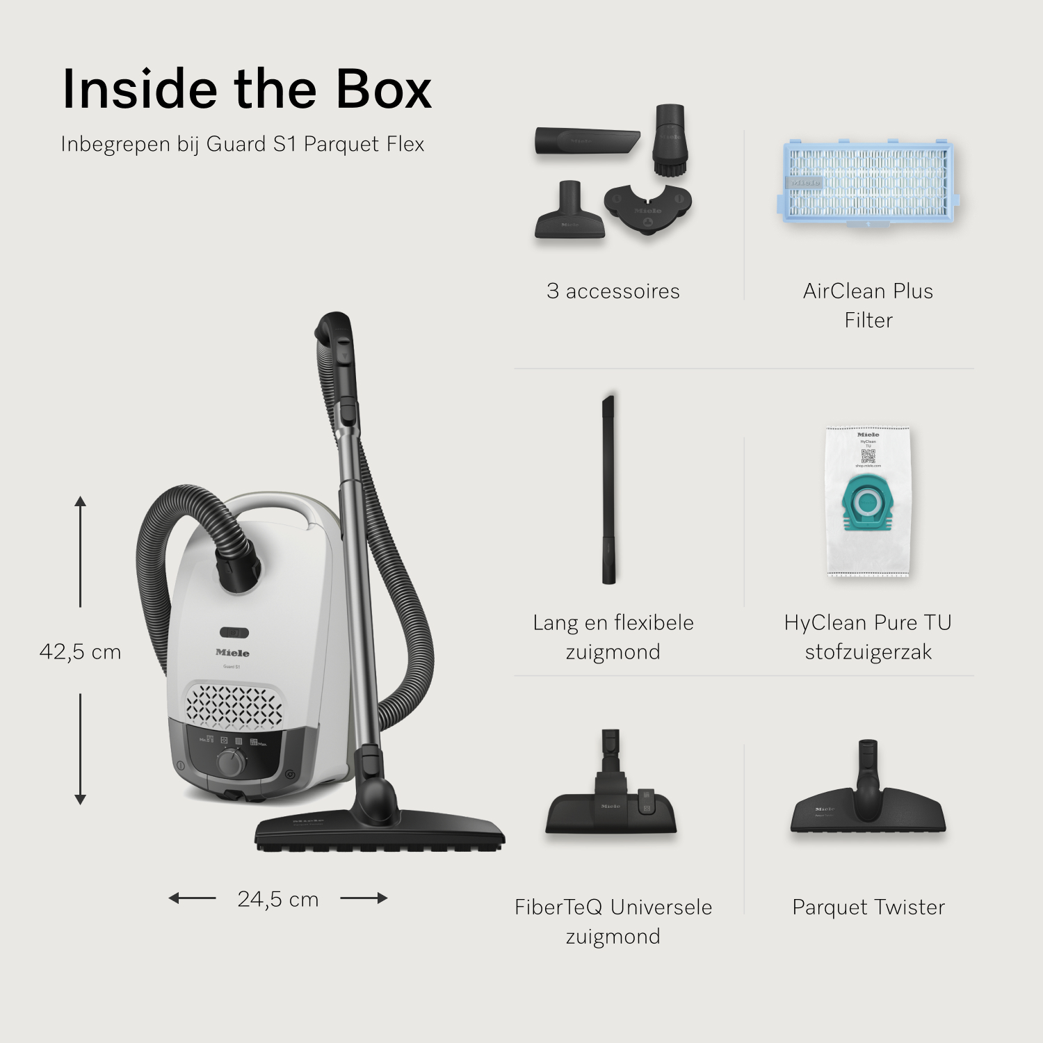 Een witte Miele stofzuiger met accessoires. Inclusief filters, mondstukken en een stofzak.