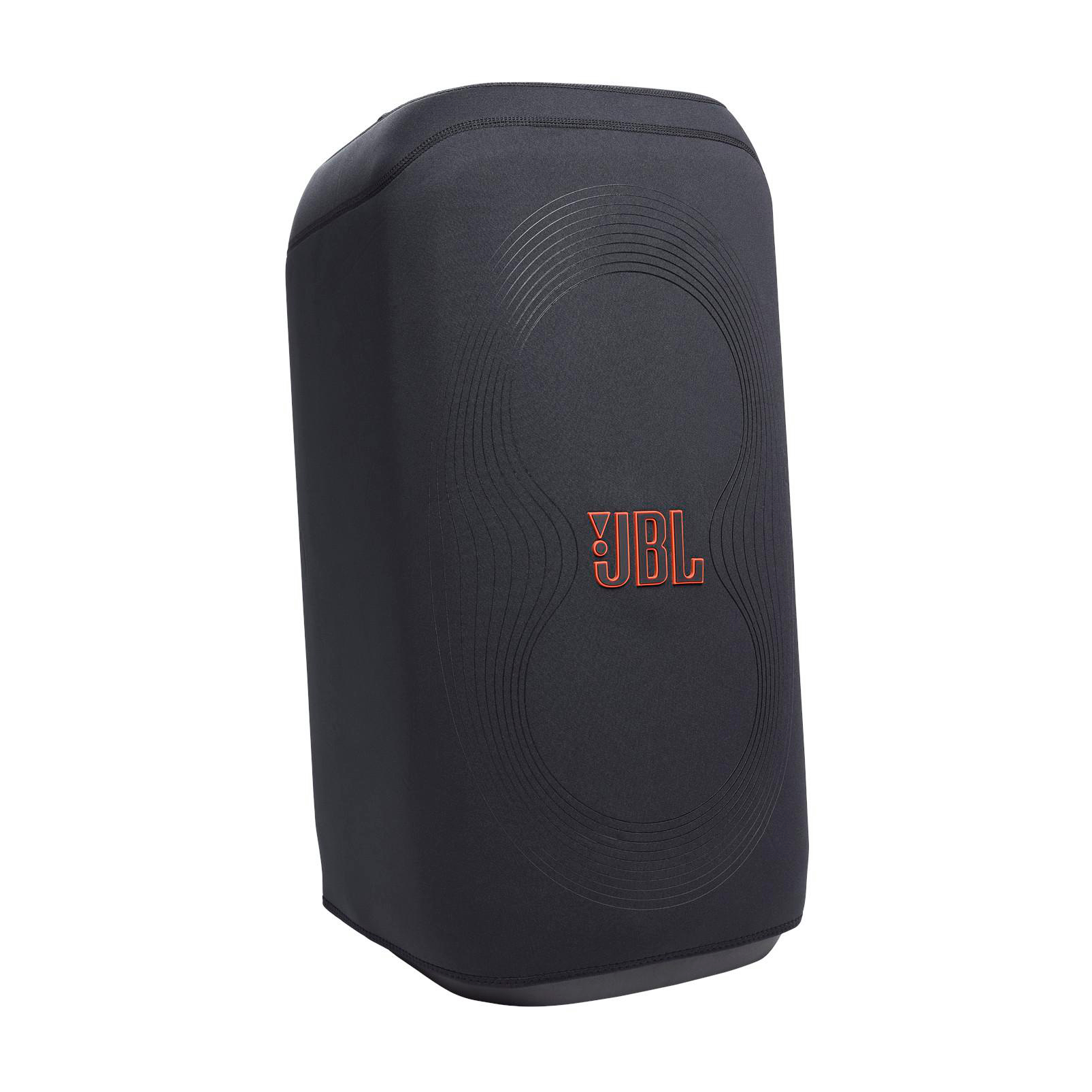 Schwarzer Lautsprecher mit orangefarbenem JBL-Logo. Gebogene Linien auf der Vorderseite. Weiche, abgerundete Kanten.