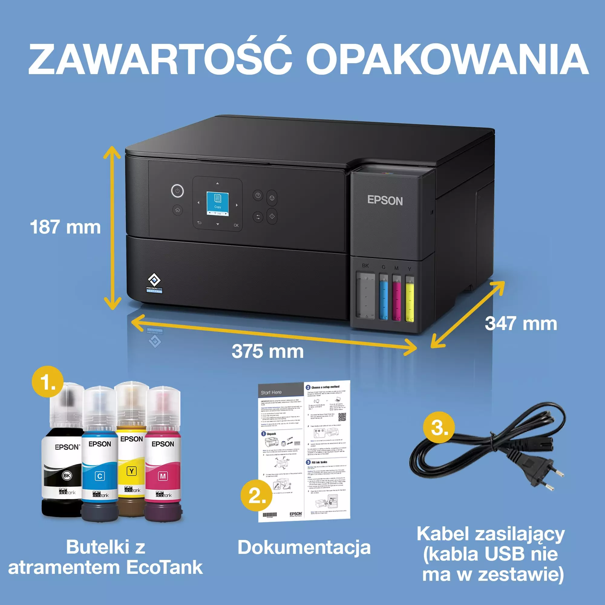 Obraz przedstawia drukarkę Epson z butelkami z tuszem, dokumentacją i kablem zasilającym. Wymiary są oznaczone.