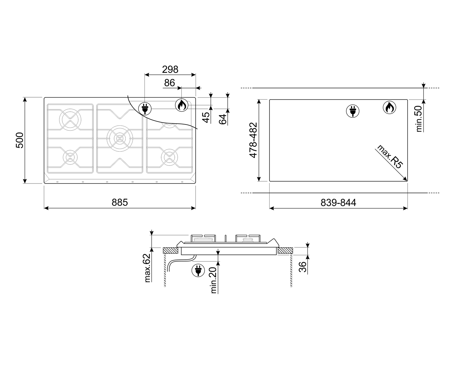 Dibujo técnico de una placa de gas con dimensiones. Vista superior, lateral y medidas detalladas.
