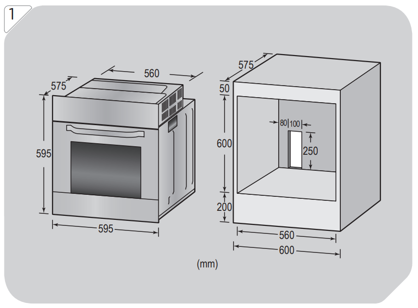 Diagrama de un horno con dimensiones en milímetros. Muestra las medidas exteriores e interiores del horno.