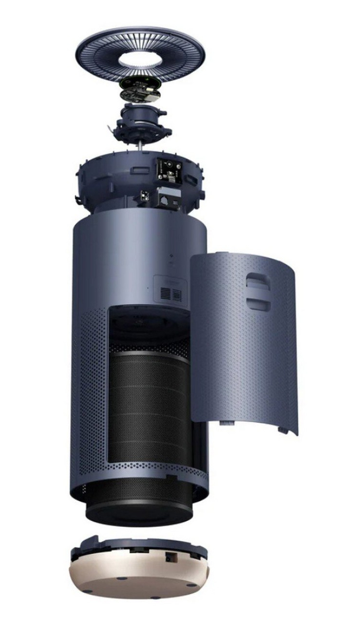 Widok rozłożony oczyszczacza powietrza pokazuje jego komponenty. Na górze znajduje się wentylator, a korpus ma filtr i zdejmowany panel.