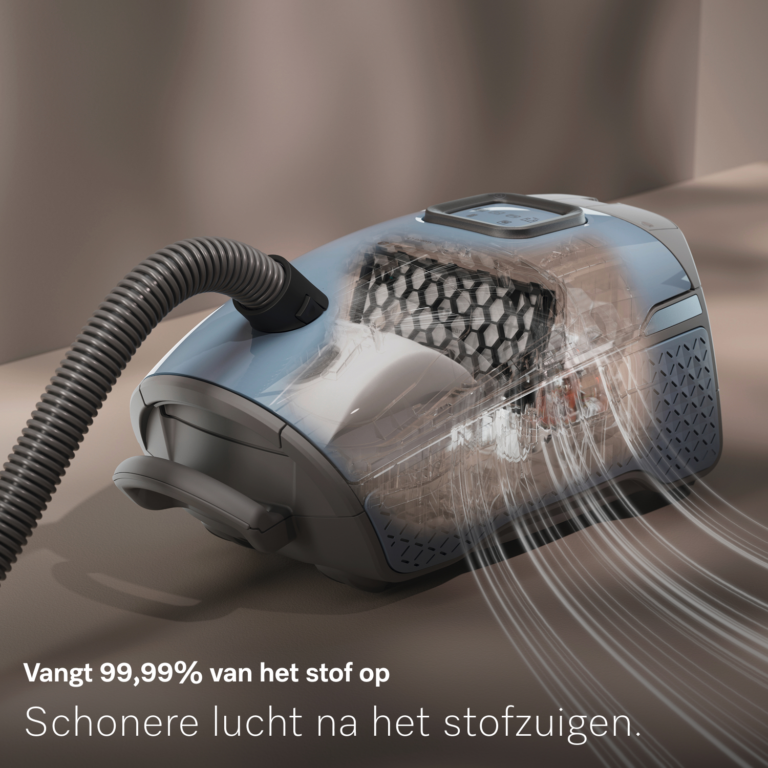 A transparent vacuum cleaner shows internal parts. White air streams out. Text at the bottom says: Captures 99.99% of dust.