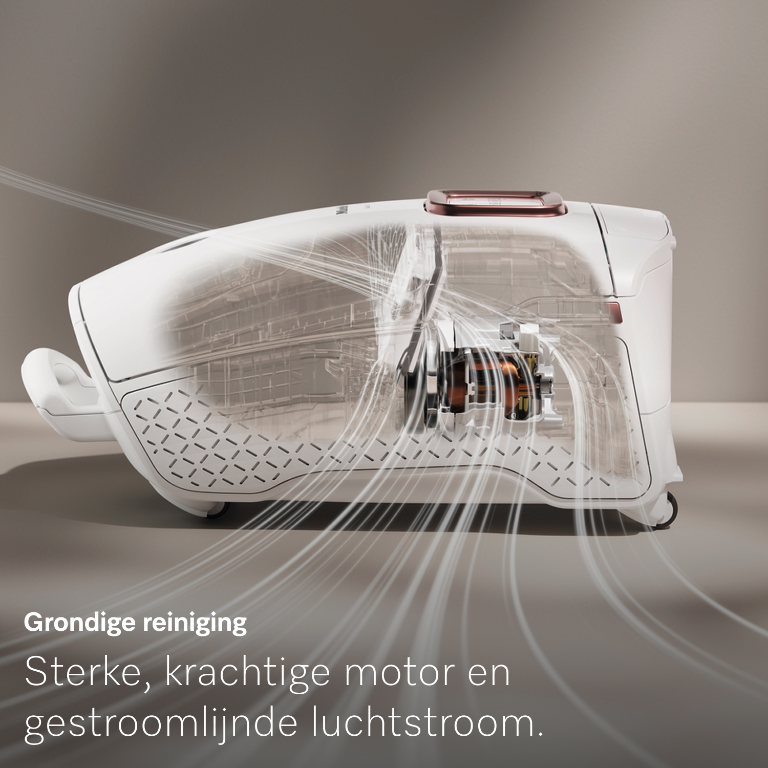 A white vacuum cleaner with a transparent section revealing internal components. Airflow lines emanate from it.